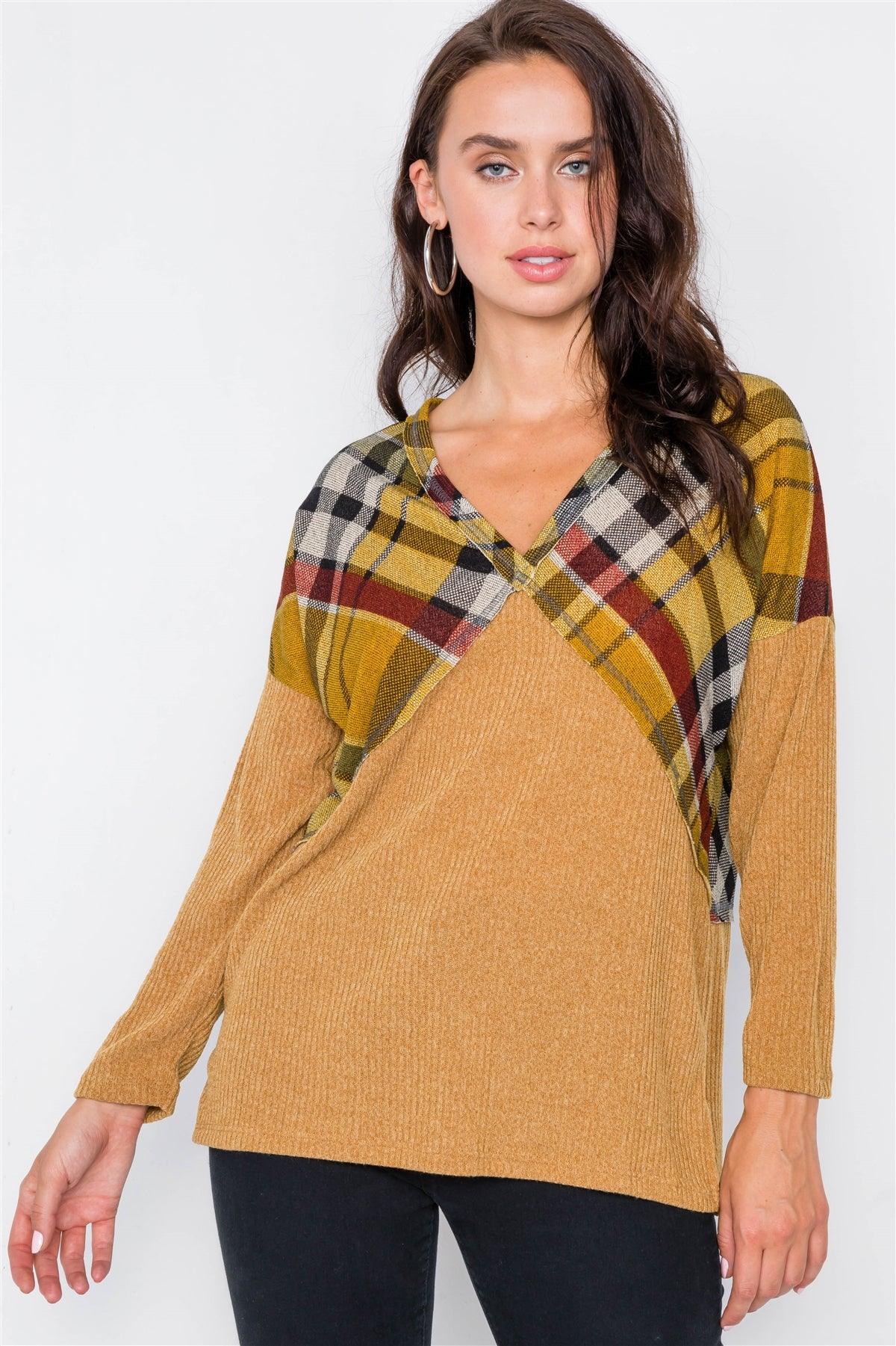 Mustard & Plaid Fabric Mix V-Neck Drop-Shoulder Sweater /2-2-2