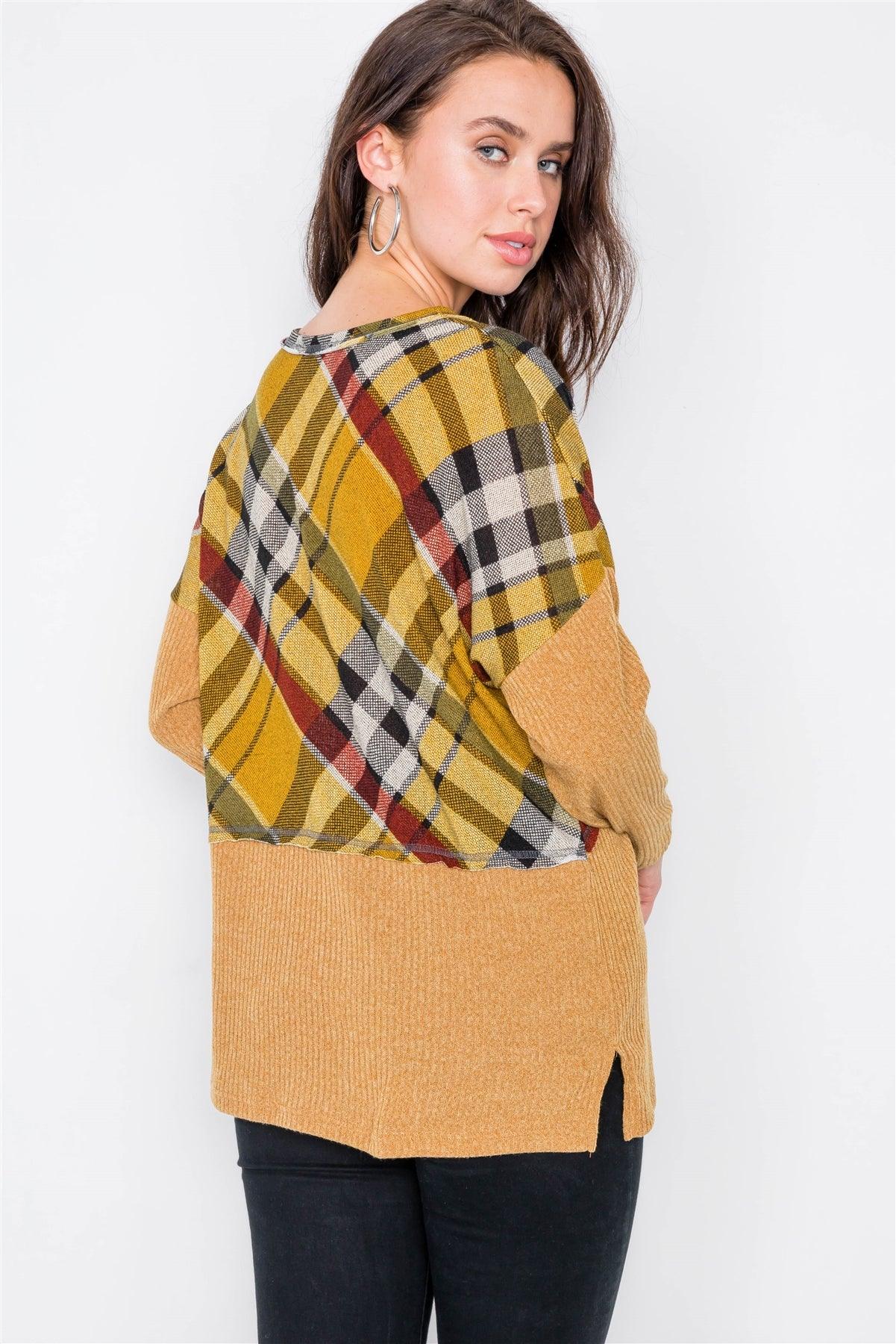 Mustard & Plaid Fabric Mix V-Neck Drop-Shoulder Sweater /2-2-2