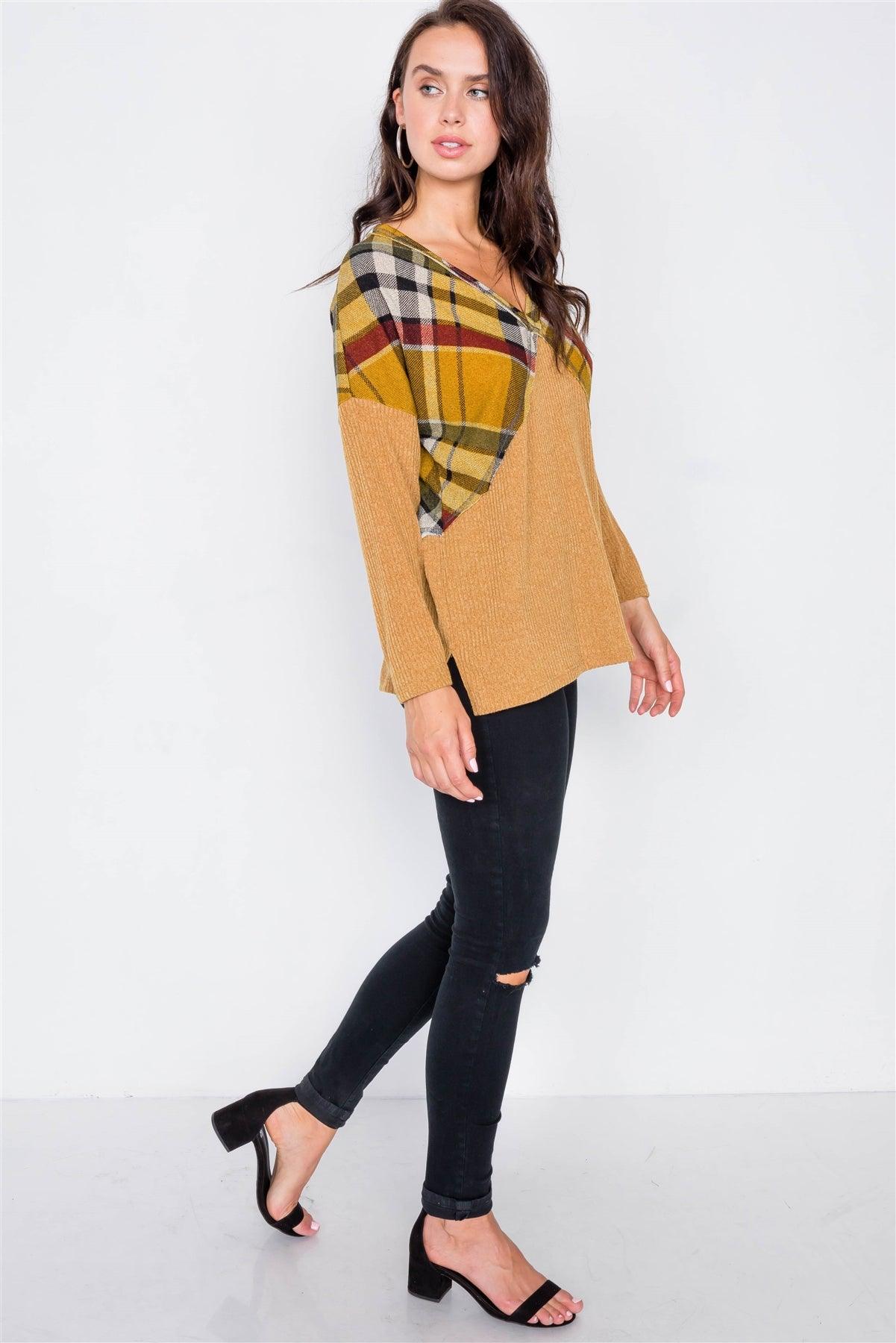 Mustard & Plaid Fabric Mix V-Neck Drop-Shoulder Sweater /2-2-2