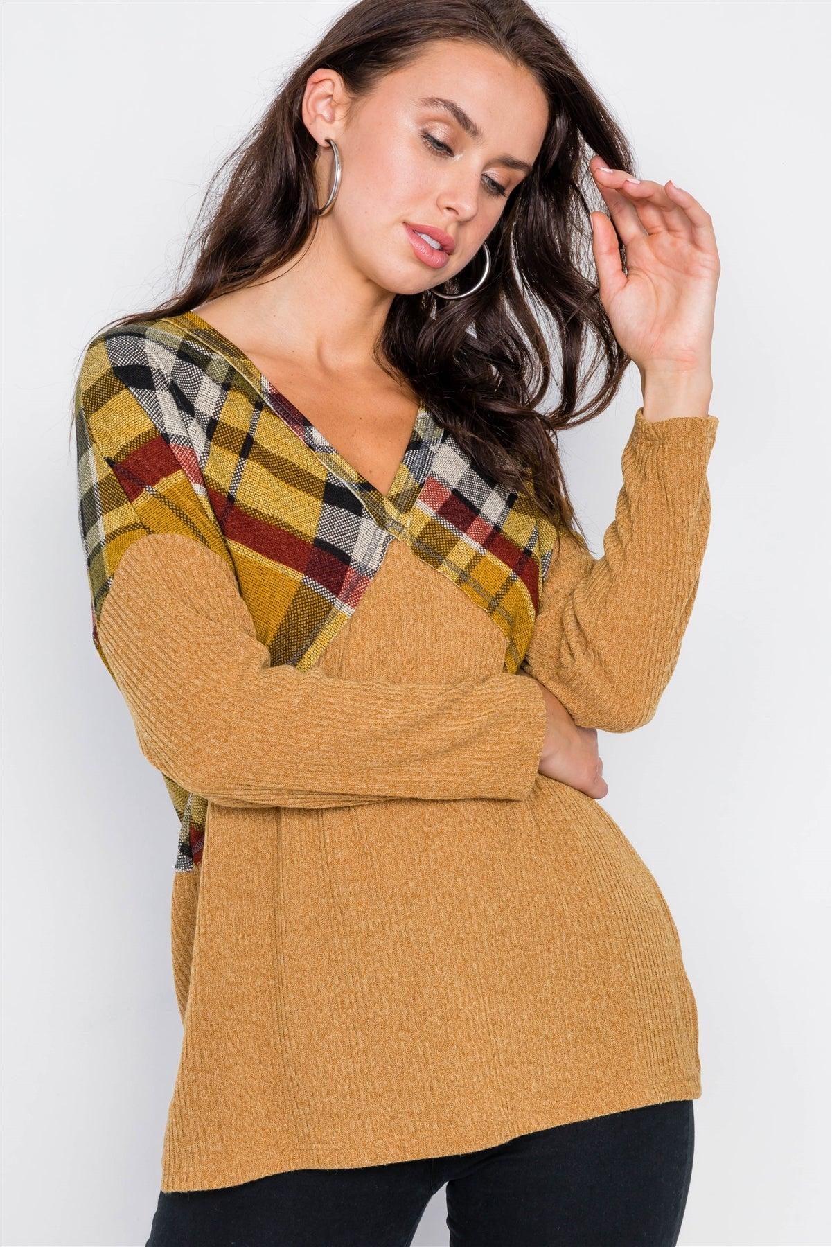 Mustard & Plaid Fabric Mix V-Neck Drop-Shoulder Sweater /2-2-2