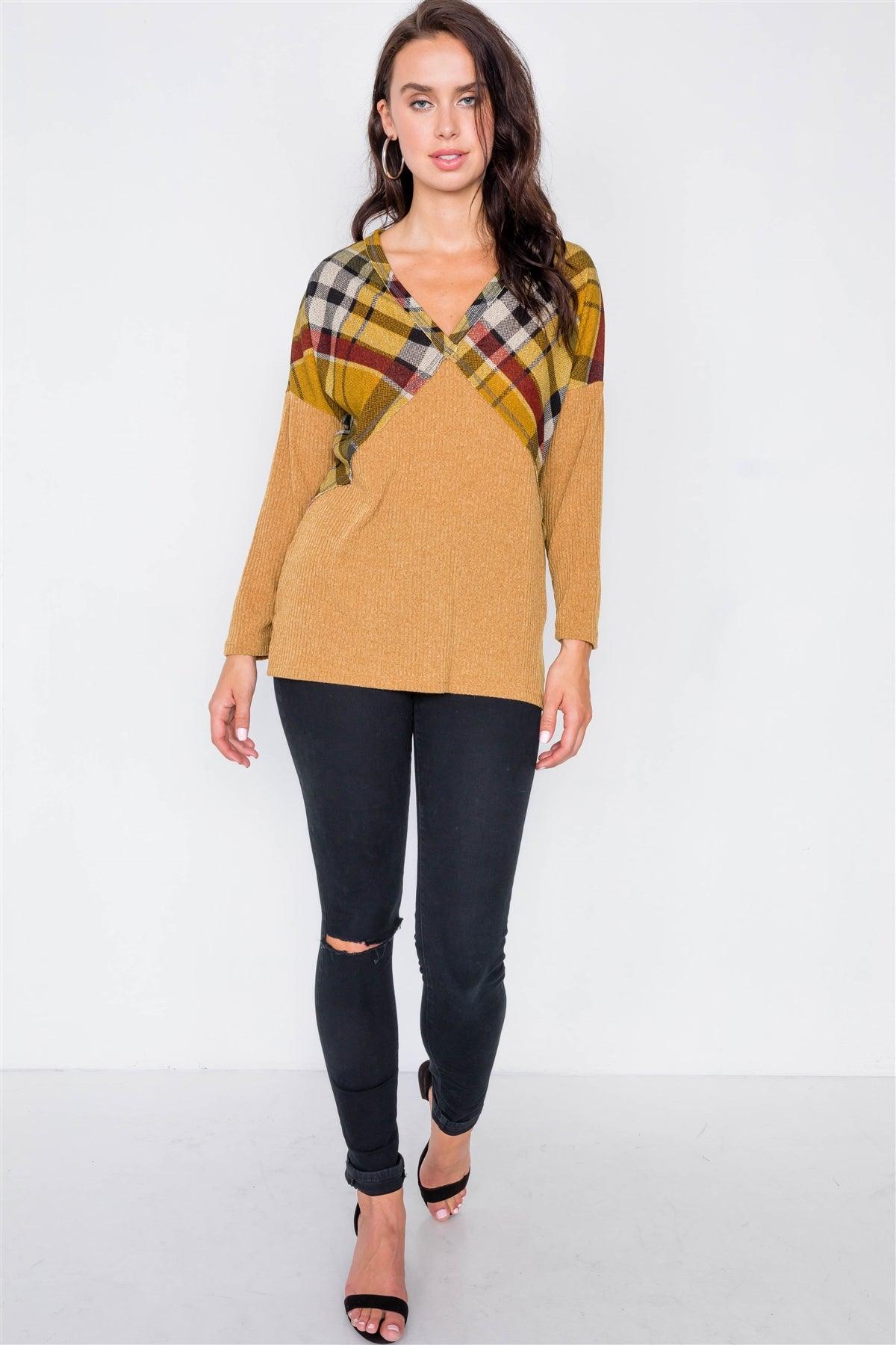 Mustard & Plaid Fabric Mix V-Neck Drop-Shoulder Sweater /2-2-2