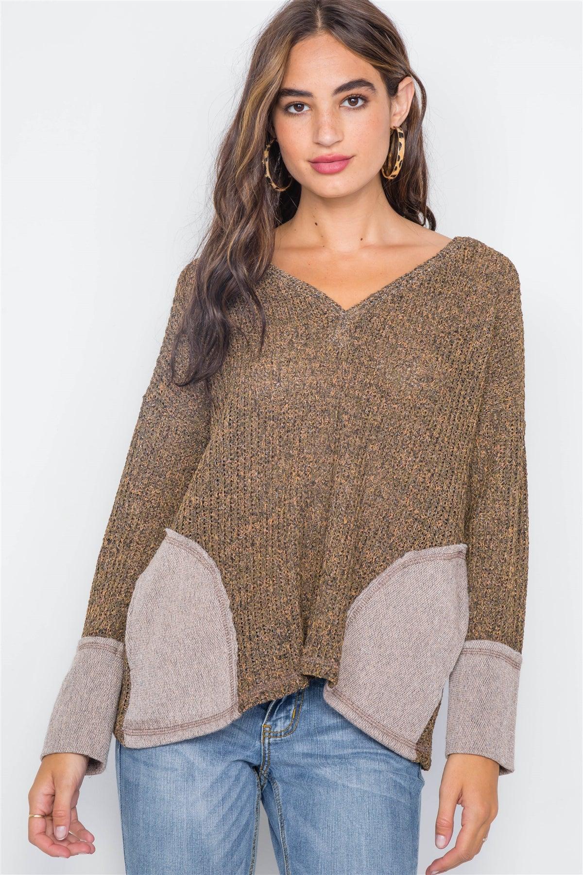 Leaf V-Neck Knit Long Sleeve Sweater / 2-2-2