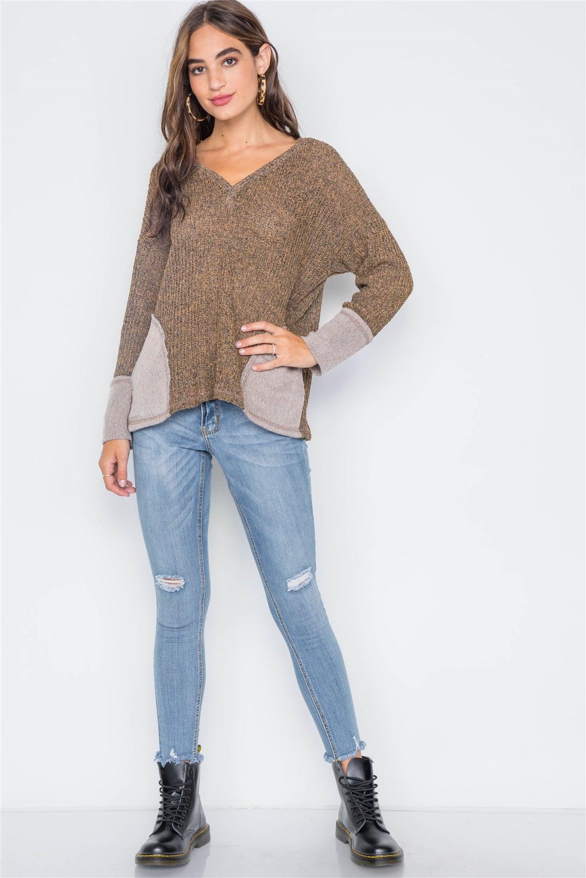 Leaf V-Neck Knit Long Sleeve Sweater / 2-2-2