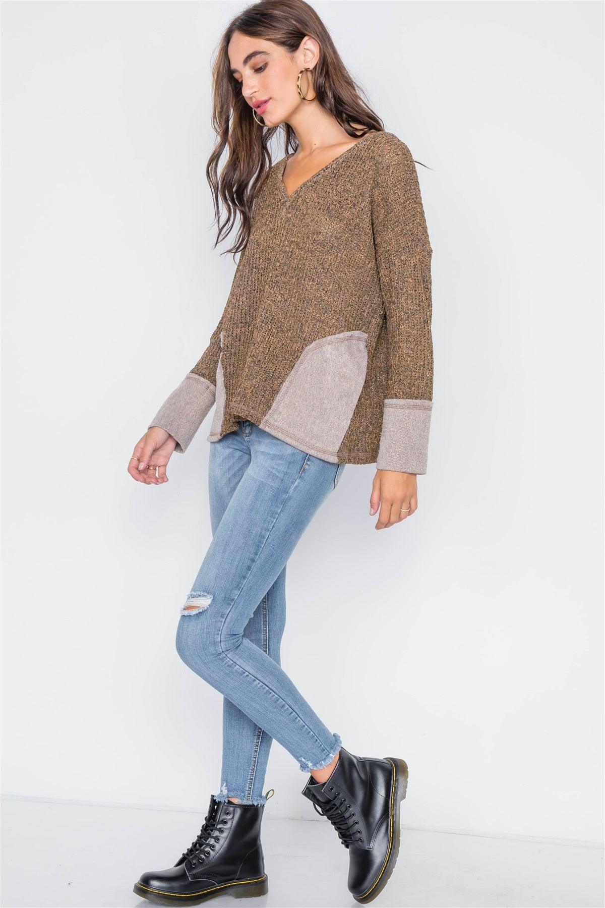 Leaf V-Neck Knit Long Sleeve Sweater / 2-2-2