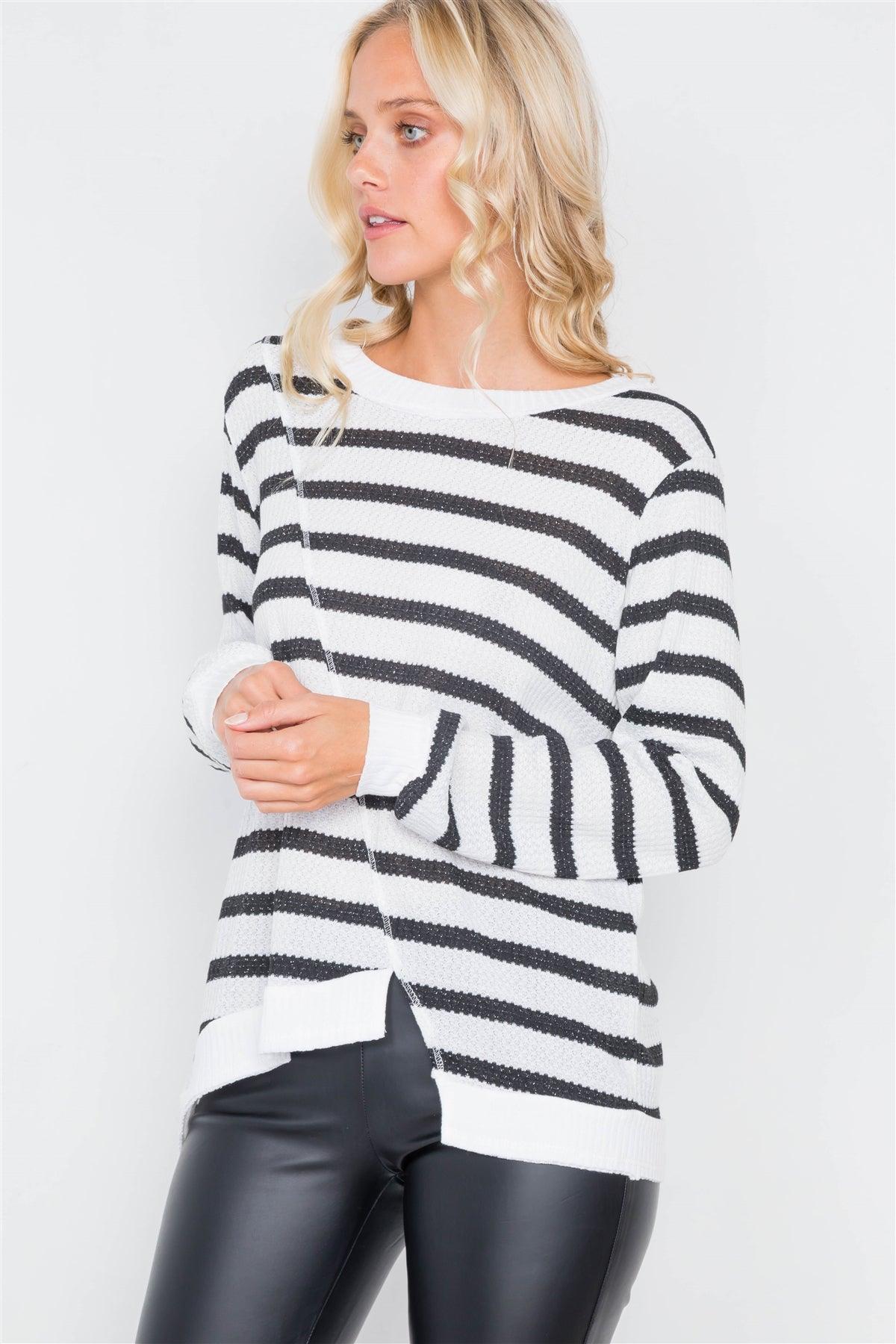 Black & Off-White Glitter High-Low Cut Long Sleeve Semi-Sheer Top /2-2-2