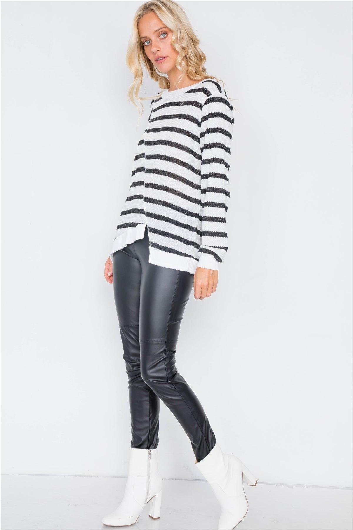 Black & Off-White Glitter High-Low Cut Long Sleeve Semi-Sheer Top /2-2-2