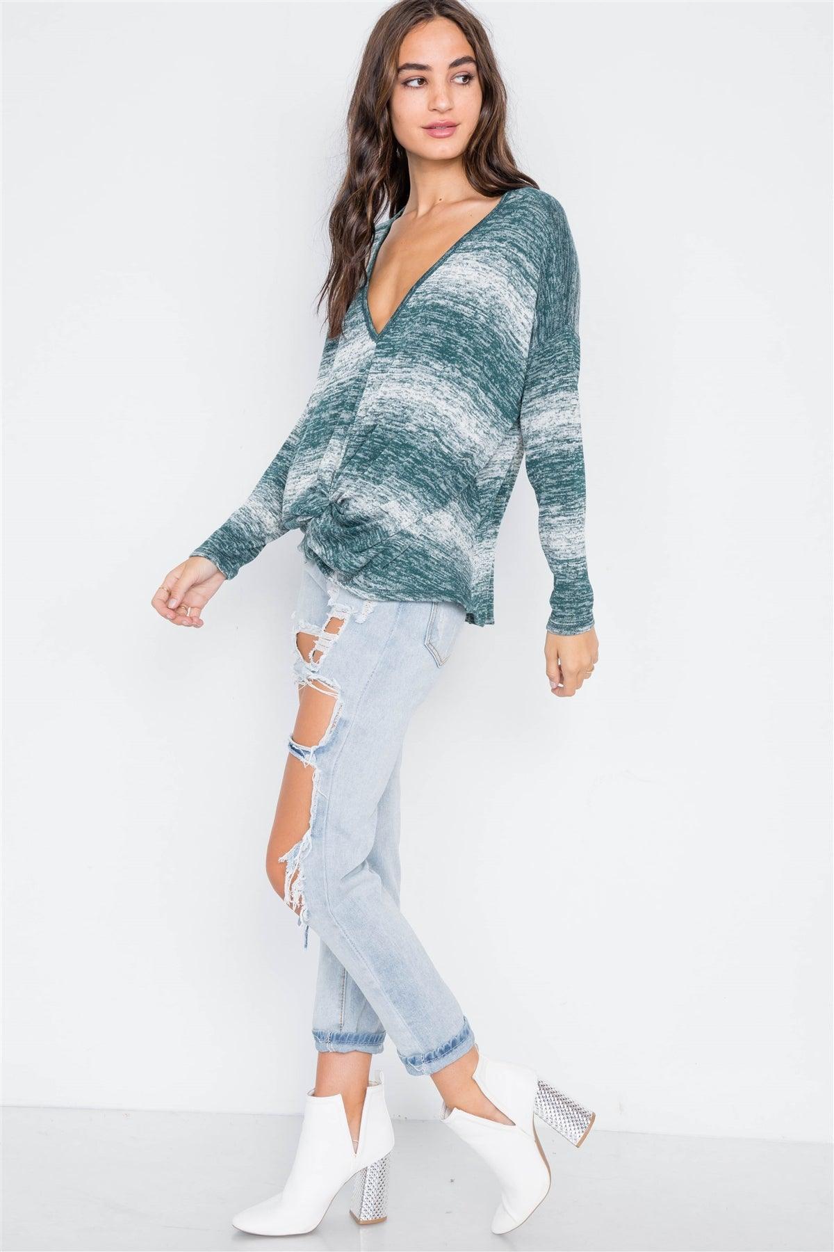 Green Deep V-Neck Front-Twist Sweater /2-2-2