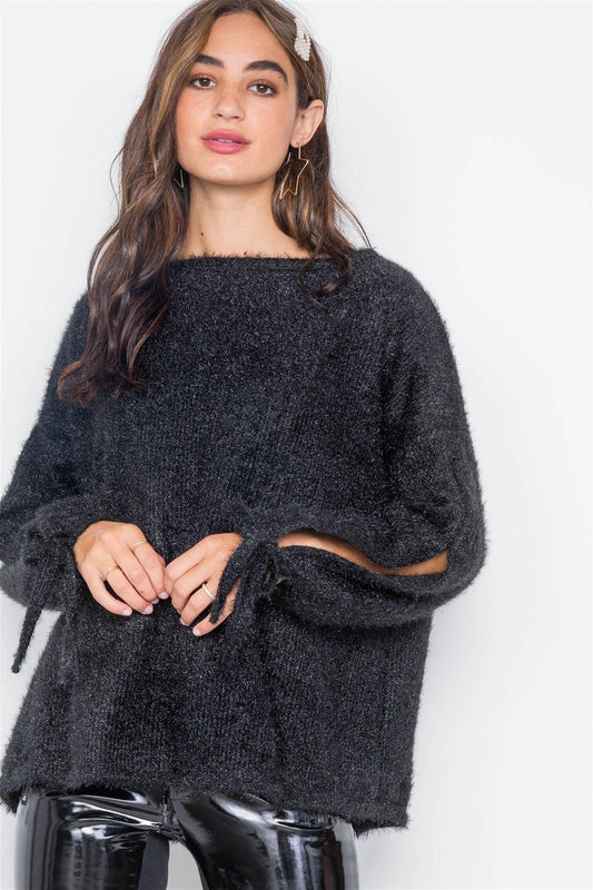 Black Fuzzy Slit Sleeves Casual Soft Sweater / 2-2-2