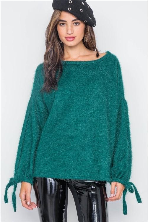 Teal Fuzzy Slit Sleeves Casual Soft Sweater