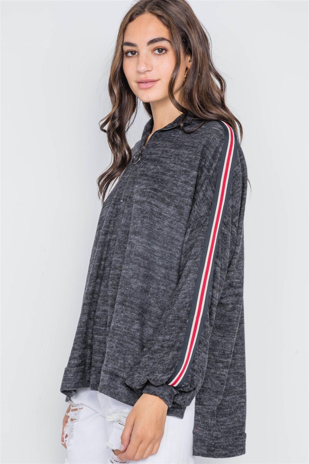 Charcoal Contrast Trim Stripe Sleeves Sweater /2-2-2