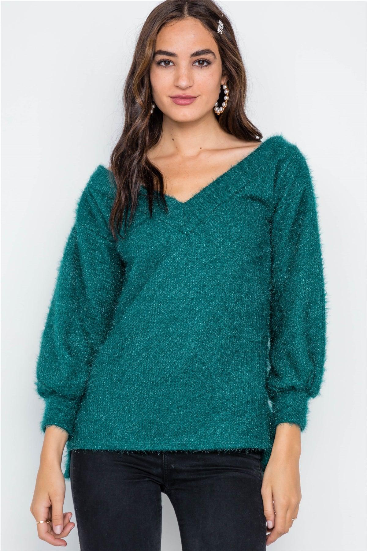 Teal Fuzzy Long Sleeve V-Neck Sweater /2-2