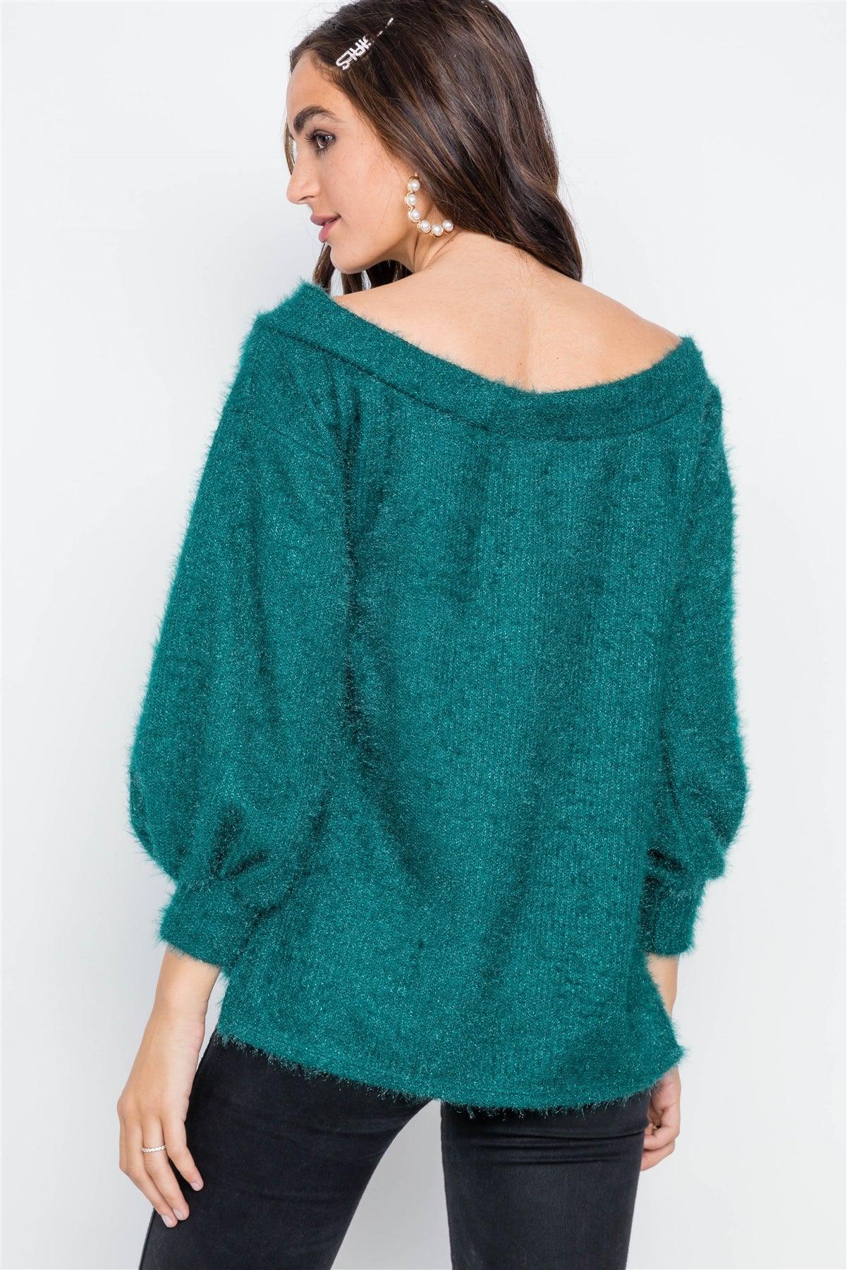 Teal Fuzzy Long Sleeve V-Neck Sweater /2-2