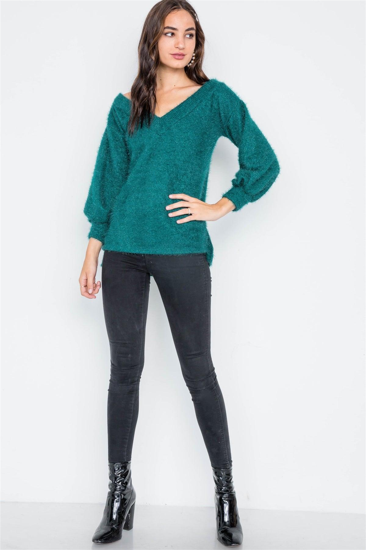 Teal Fuzzy Long Sleeve V-Neck Sweater /2-2