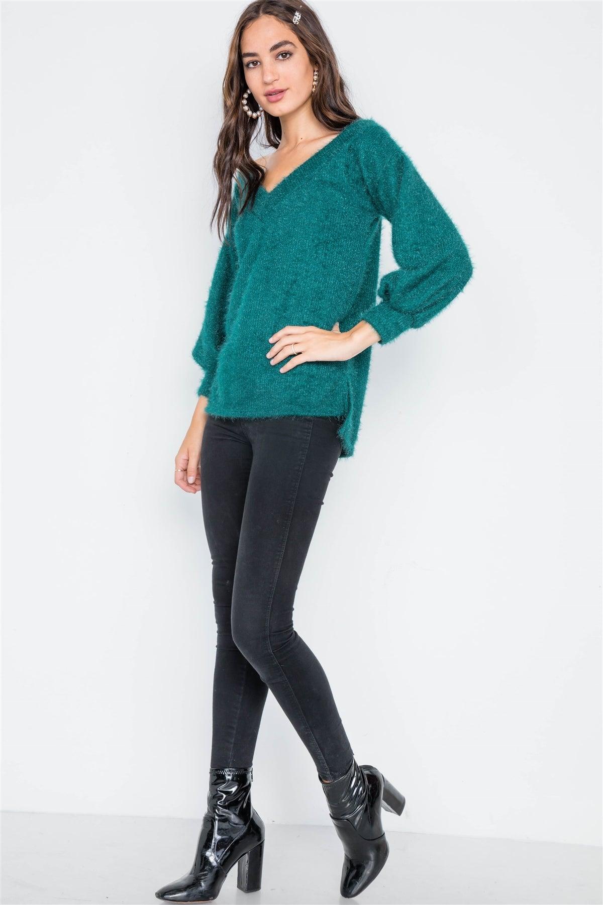 Teal Fuzzy Long Sleeve V-Neck Sweater /2-2