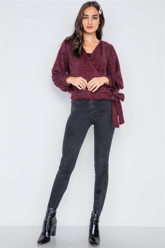 Violet Fuzzy Long Sleeve Surplice Sweater /1-2-2