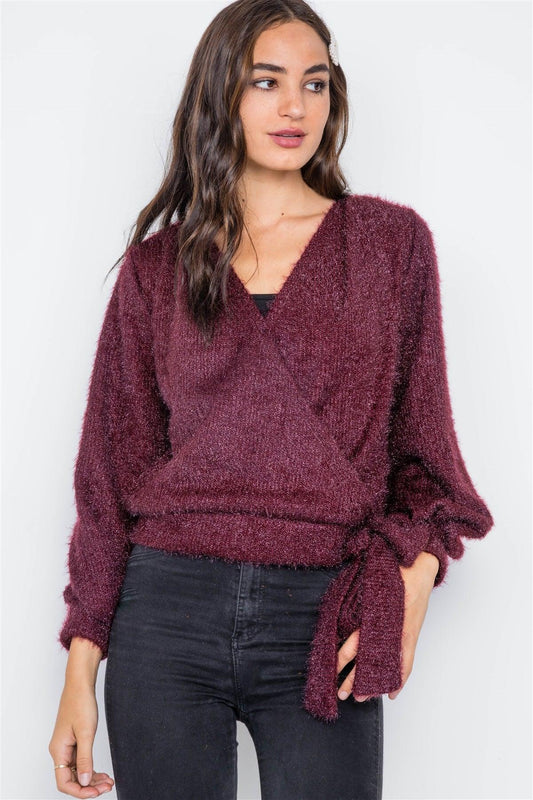 Violet Fuzzy Long Sleeve Surplice Sweater /2-2-2