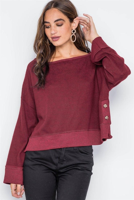 Burgundy Soft Knit Side-Button Sweater