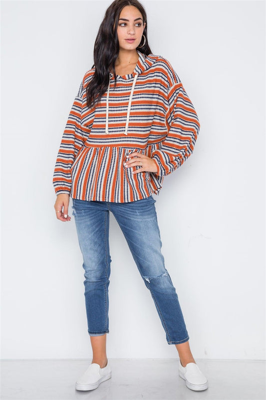 Rust Navy Stripe Long Sleeve Hooded Soft Sweater /2-2