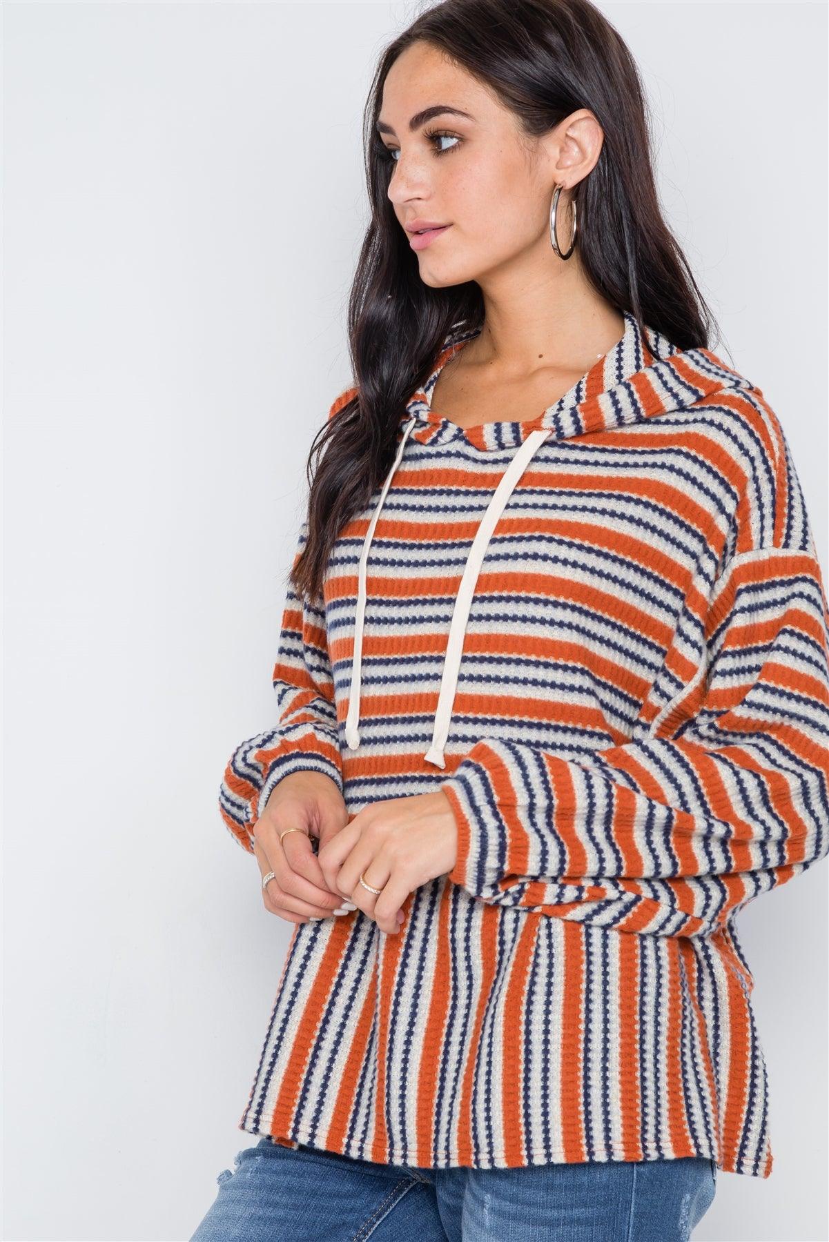 Rust Navy Stripe Long Sleeve Hooded Soft Sweater /2-2