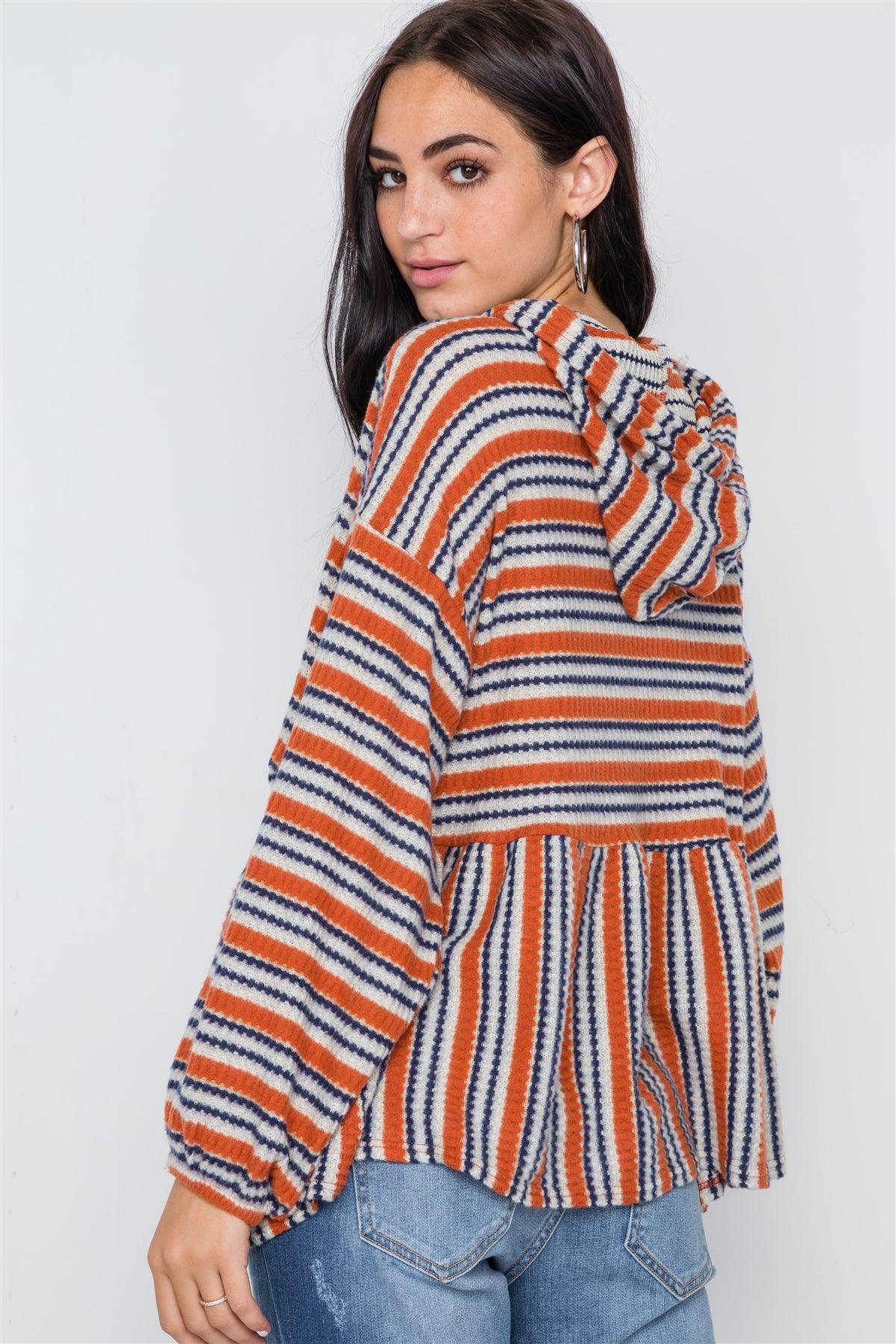 Rust Navy Stripe Long Sleeve Hooded Soft Sweater /2-2