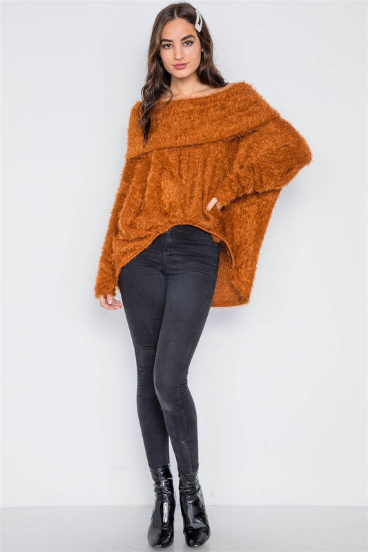 Golden Rust Fuzzy Off-The-Shoulder Sweater /3-2-2