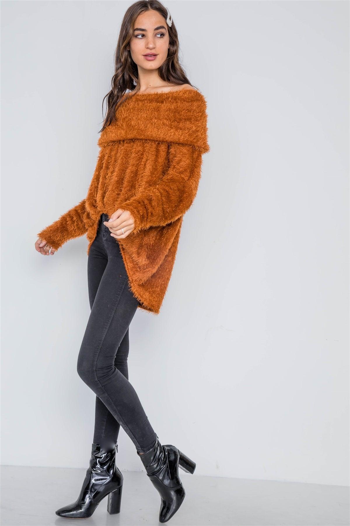 Golden Rust Fuzzy Off-The-Shoulder Sweater /3-2-2