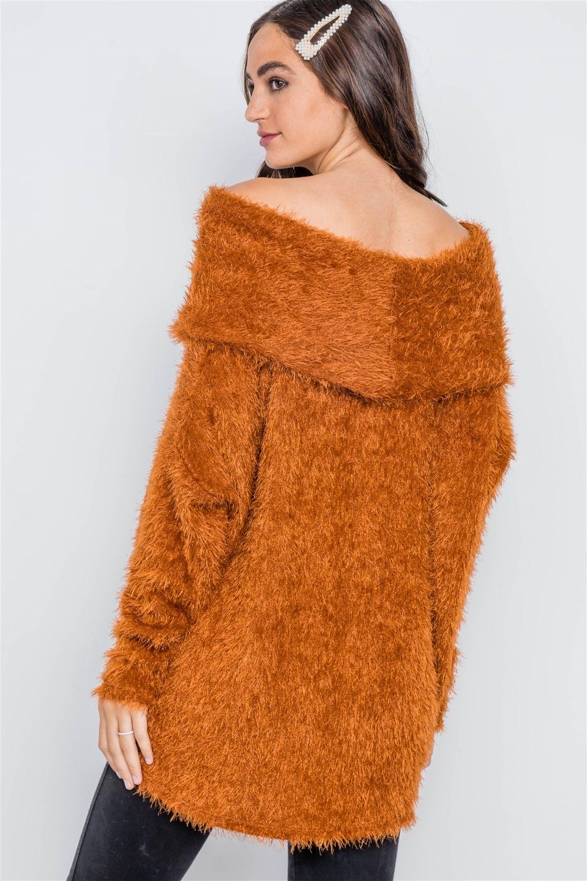 Golden Rust Fuzzy Off-The-Shoulder Sweater /3-2-2