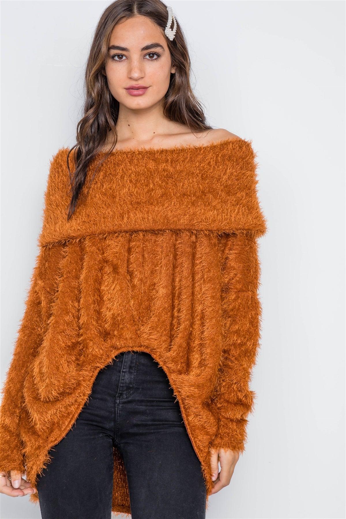 Golden Rust Fuzzy Off-The-Shoulder Sweater /3-2-2