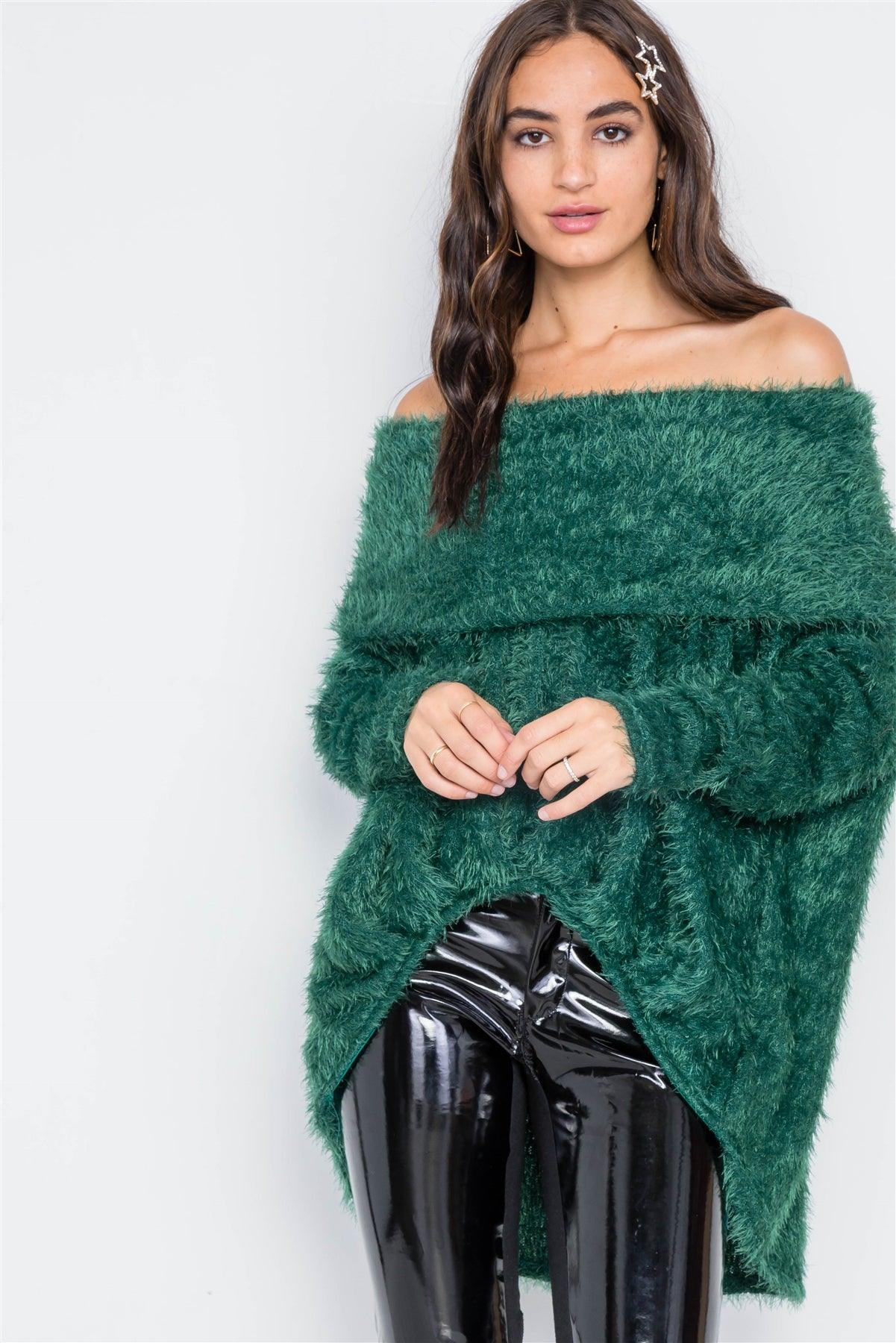 Green Fuzzy Off-The-Shoulder Sweater /2-2-2