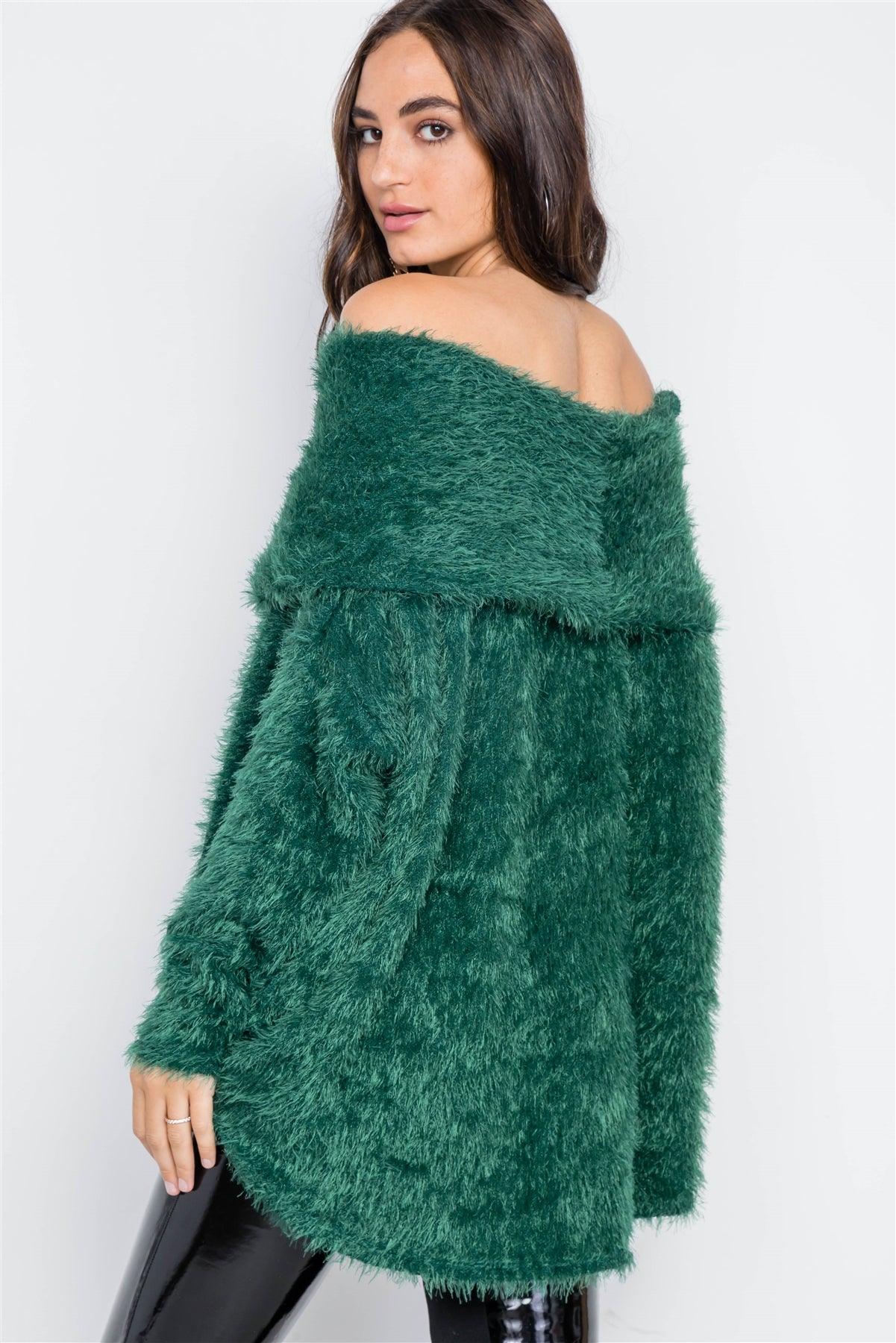 Green Fuzzy Off-The-Shoulder Sweater /2-2-2