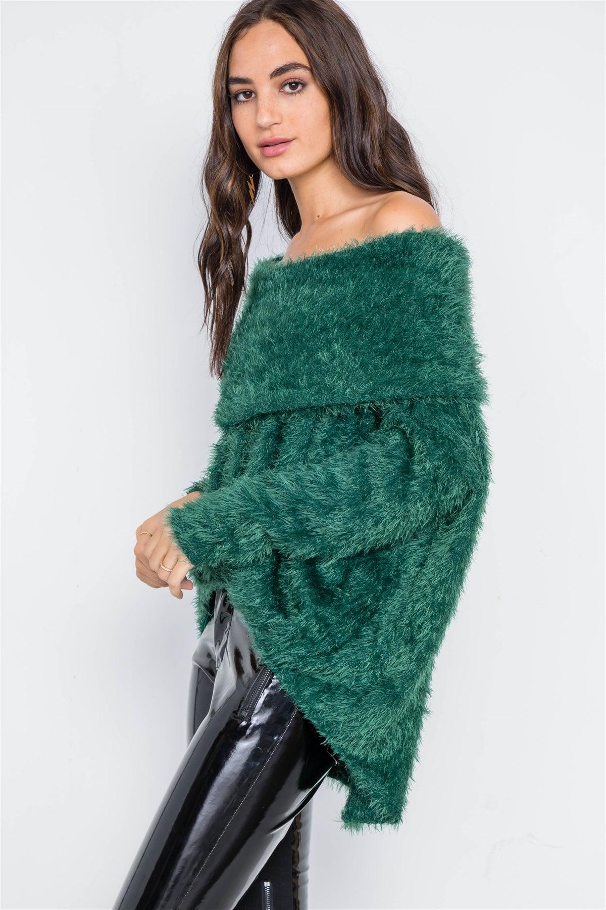 Green Fuzzy Off-The-Shoulder Sweater /2-2-2