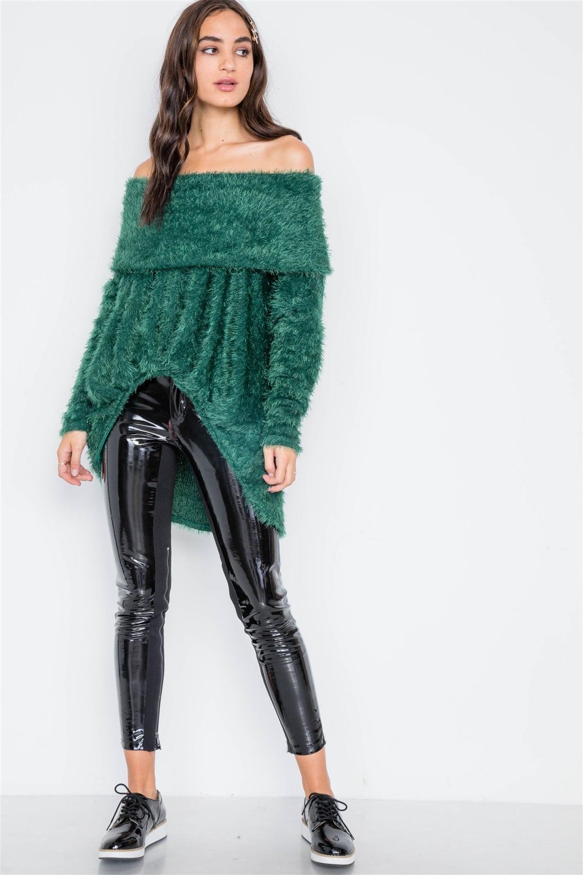 Green Fuzzy Off-The-Shoulder Sweater /2-2-2