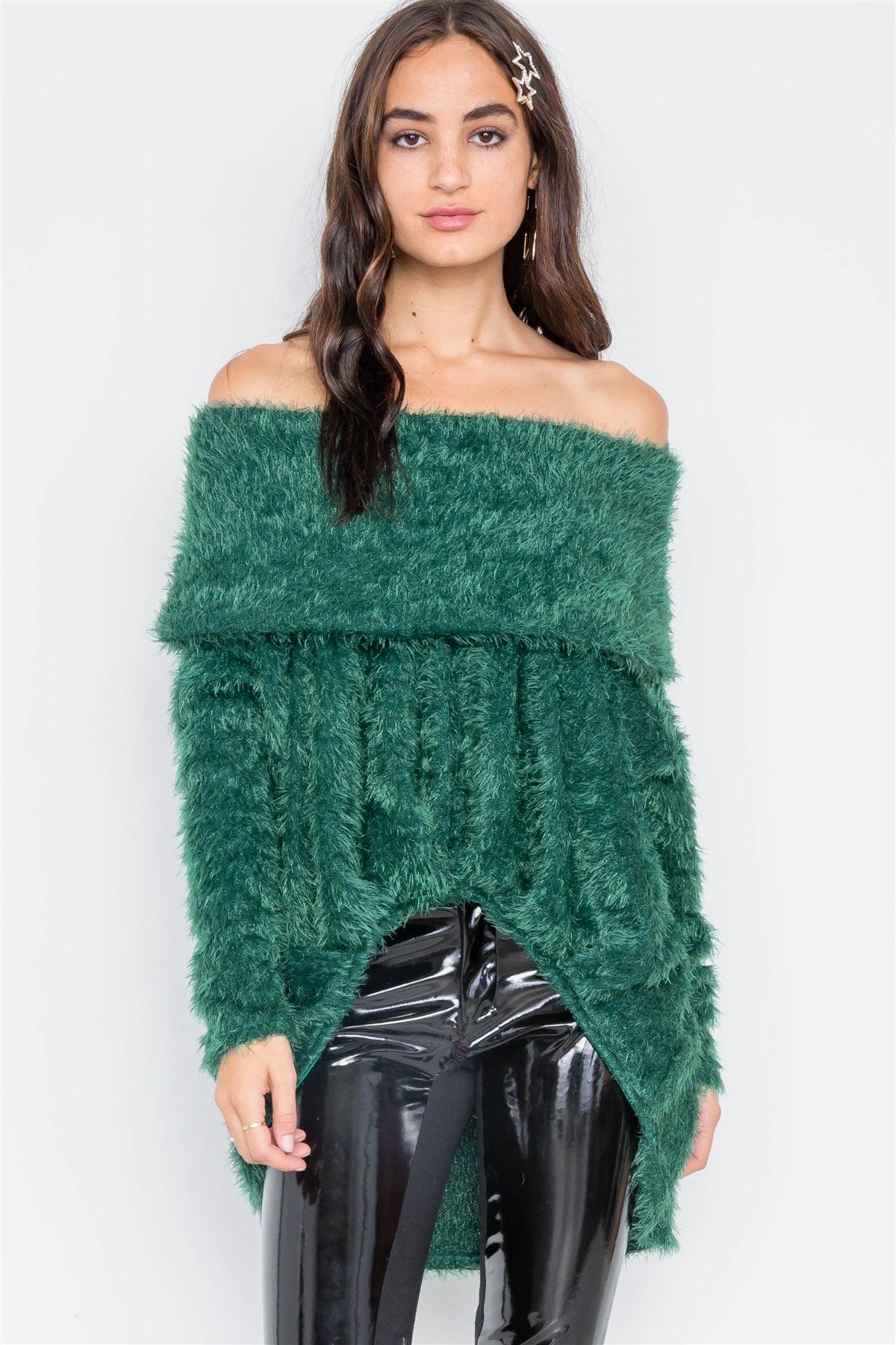 Green Fuzzy Off-The-Shoulder Sweater /3-2-2