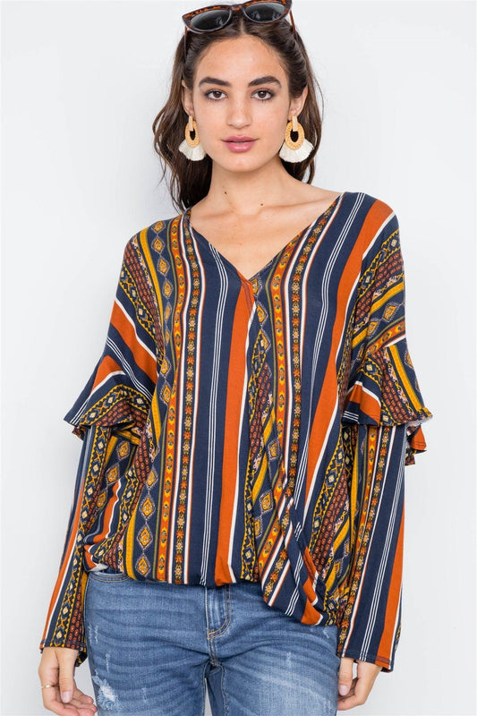 Rust Multi V-Neck Stripe Geo Print Long Sleeve Top /2-2-2