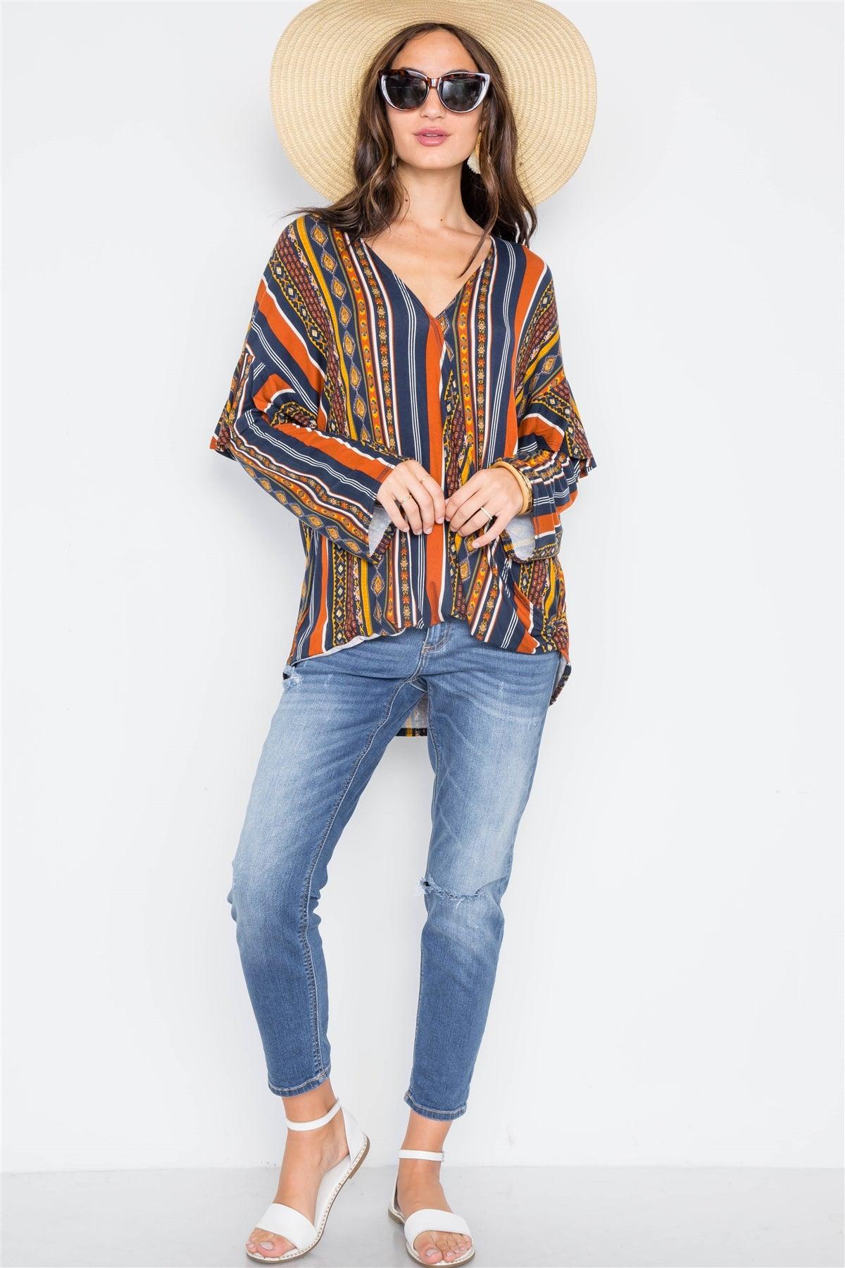 Rust Multi V-Neck Stripe Geo Print Long Sleeve Top /2-2-2