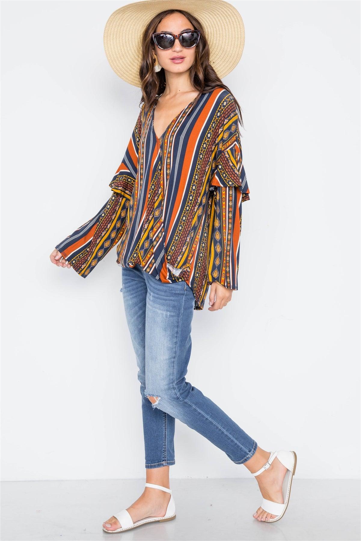 Rust Multi V-Neck Stripe Geo Print Long Sleeve Top /2-2-2