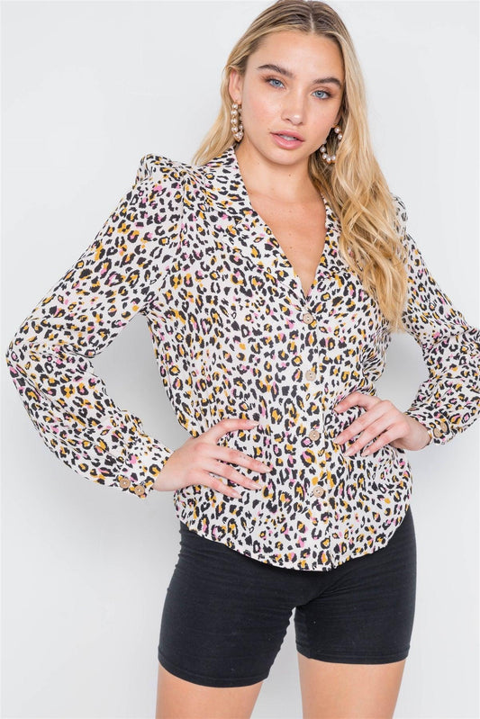 Beige Pink Animal Print Button Down Top /2-2-2