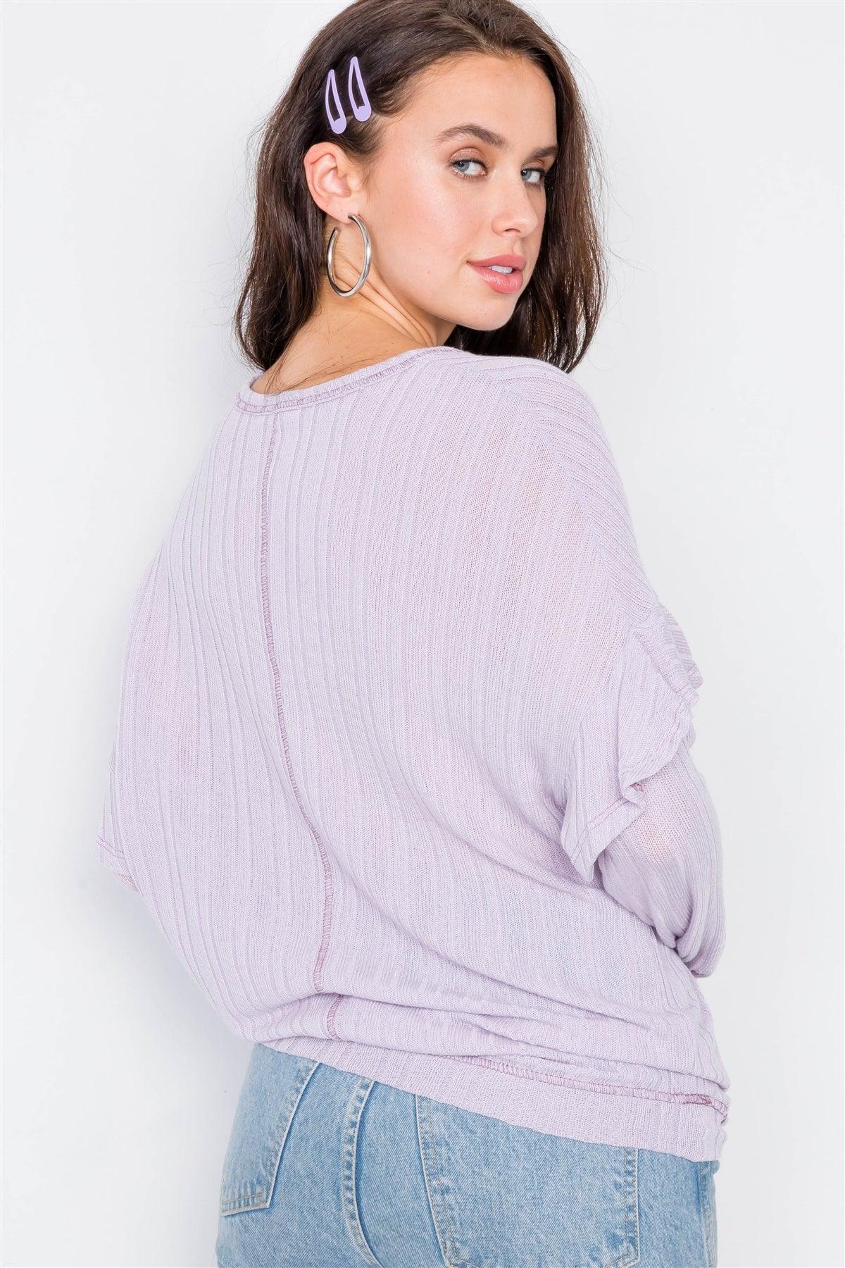 Lavender Relaxed Fit Ribbed Knit Long Sleeve Top / 2-2-2