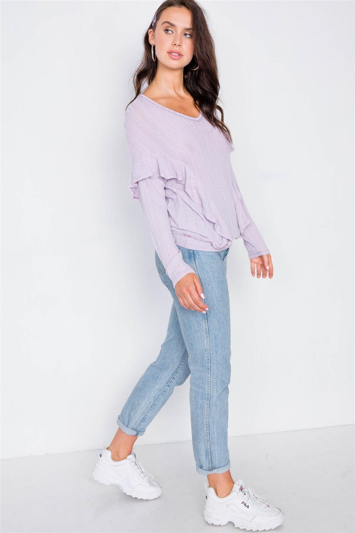 Lavender Relaxed Fit Ribbed Knit Long Sleeve Top / 2-2-2