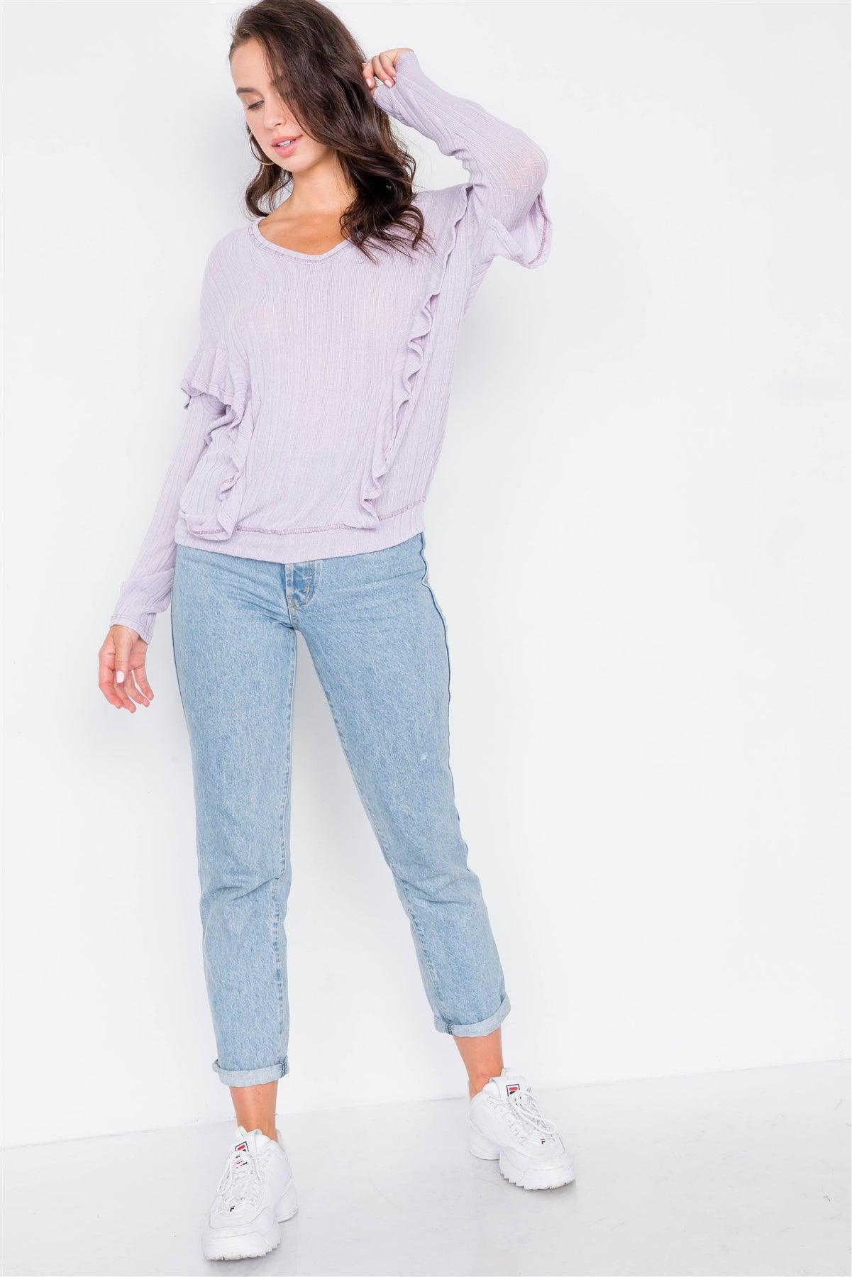 Lavender Relaxed Fit Ribbed Knit Long Sleeve Top / 2-2-2