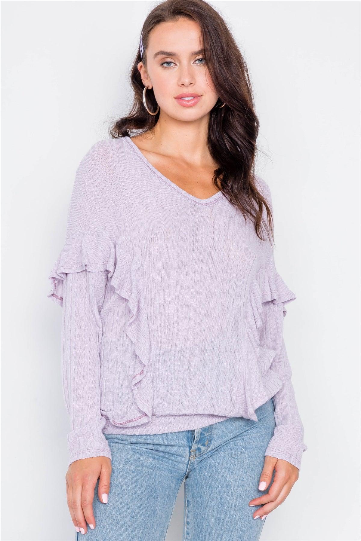 Lavender Relaxed Fit Ribbed Knit Long Sleeve Top / 2-2-2