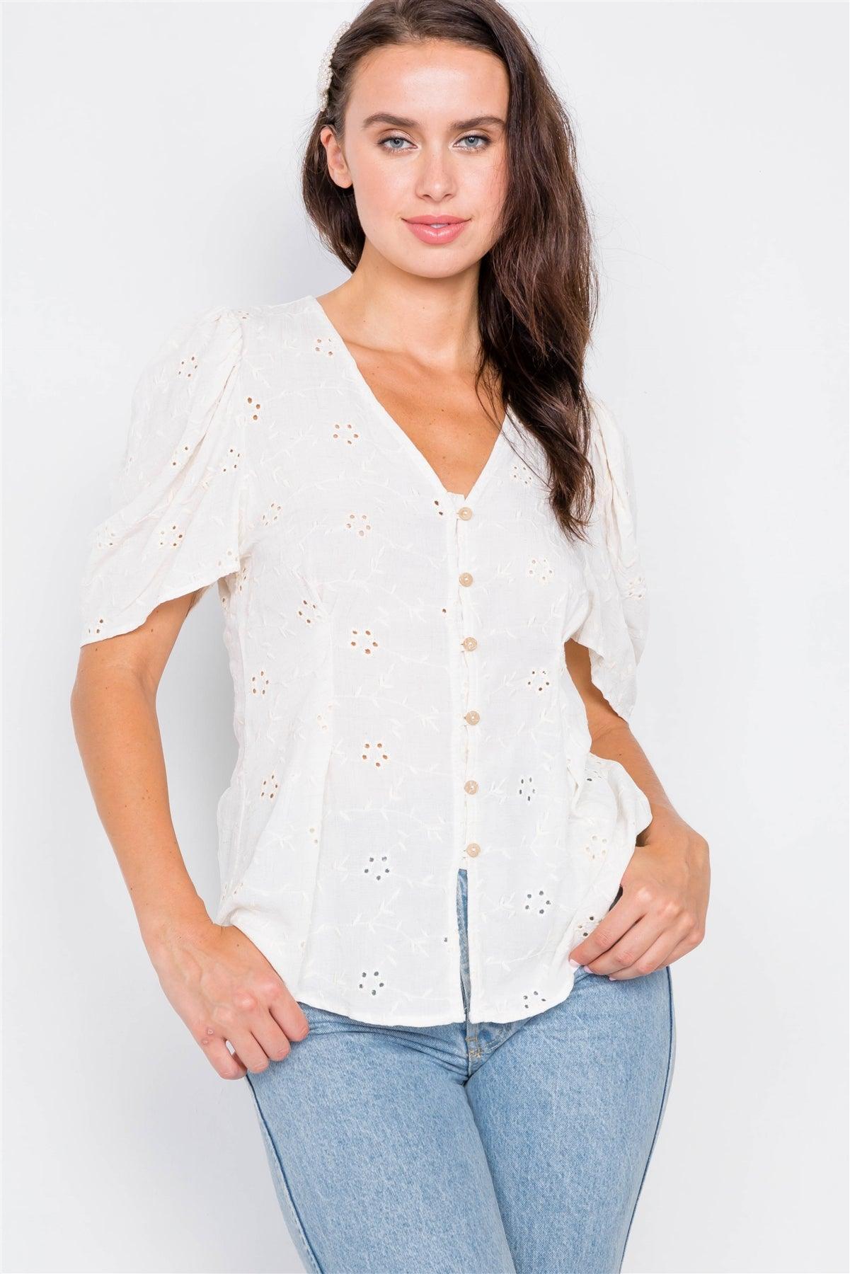 Natural Eyelet Flower Cap Sleeve Pleated V-Neck Blouse /2-2-2