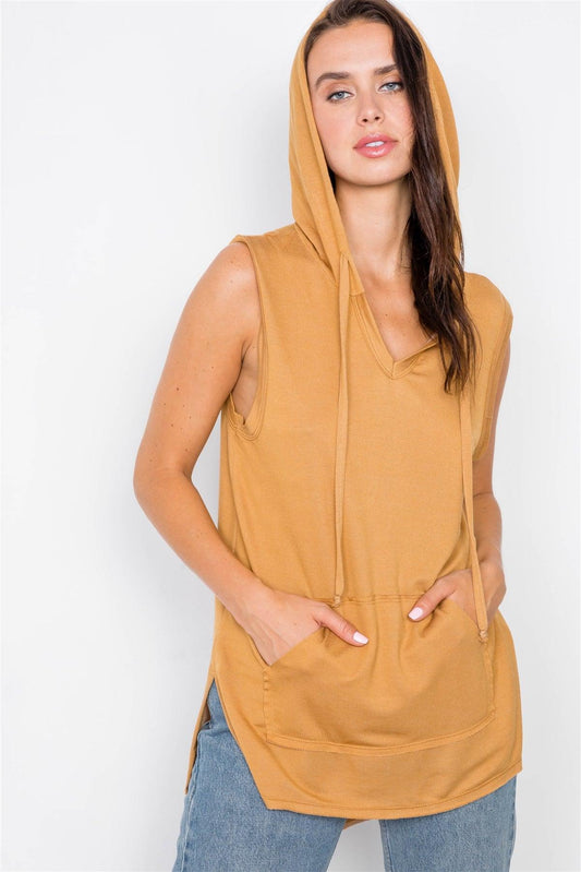 Caramel Sleeveless Hooded Front Pocket Muscle Top /2-2-2