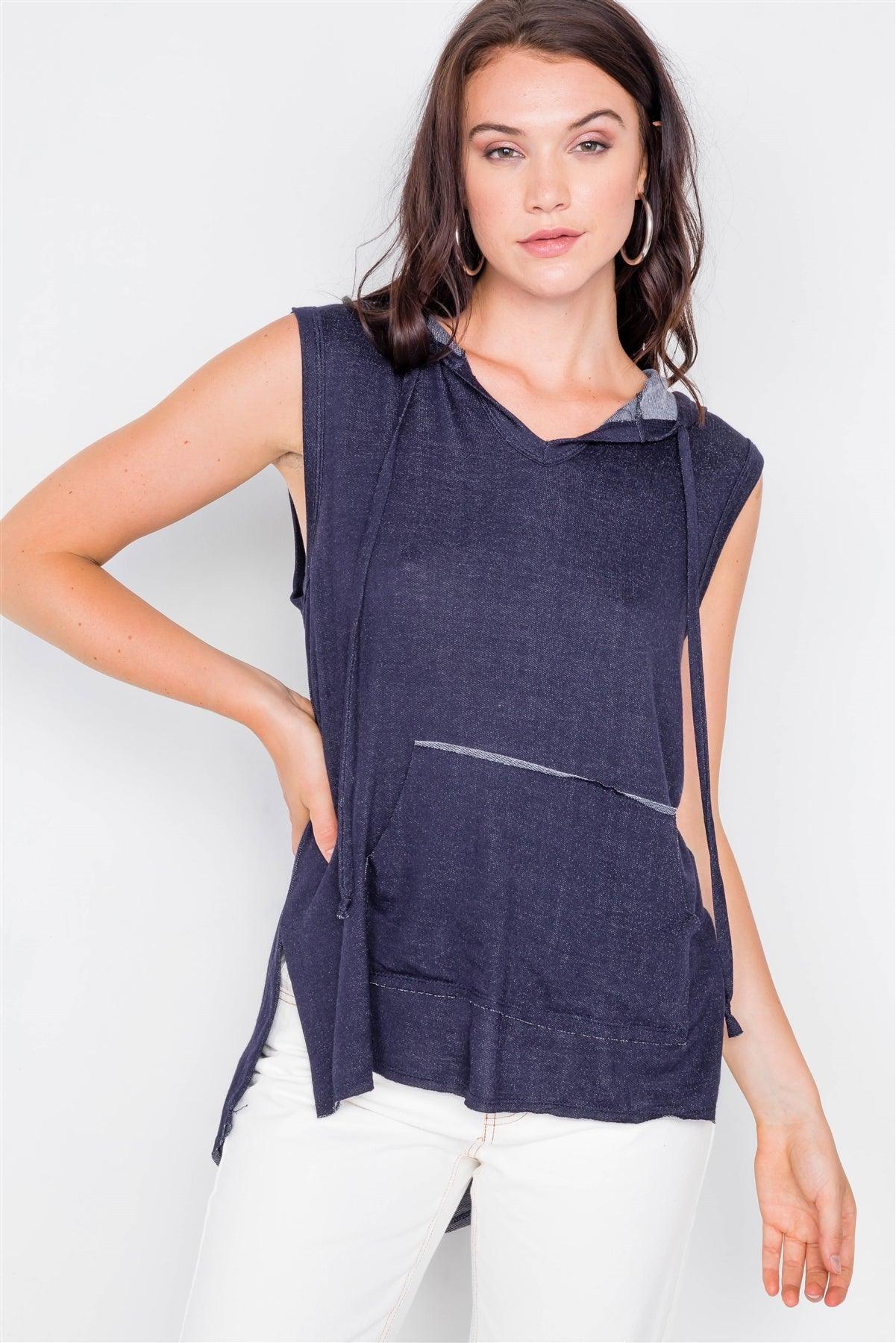 Denim Sleeveless Hooded Front Pocket Muscle Top /2-2-2