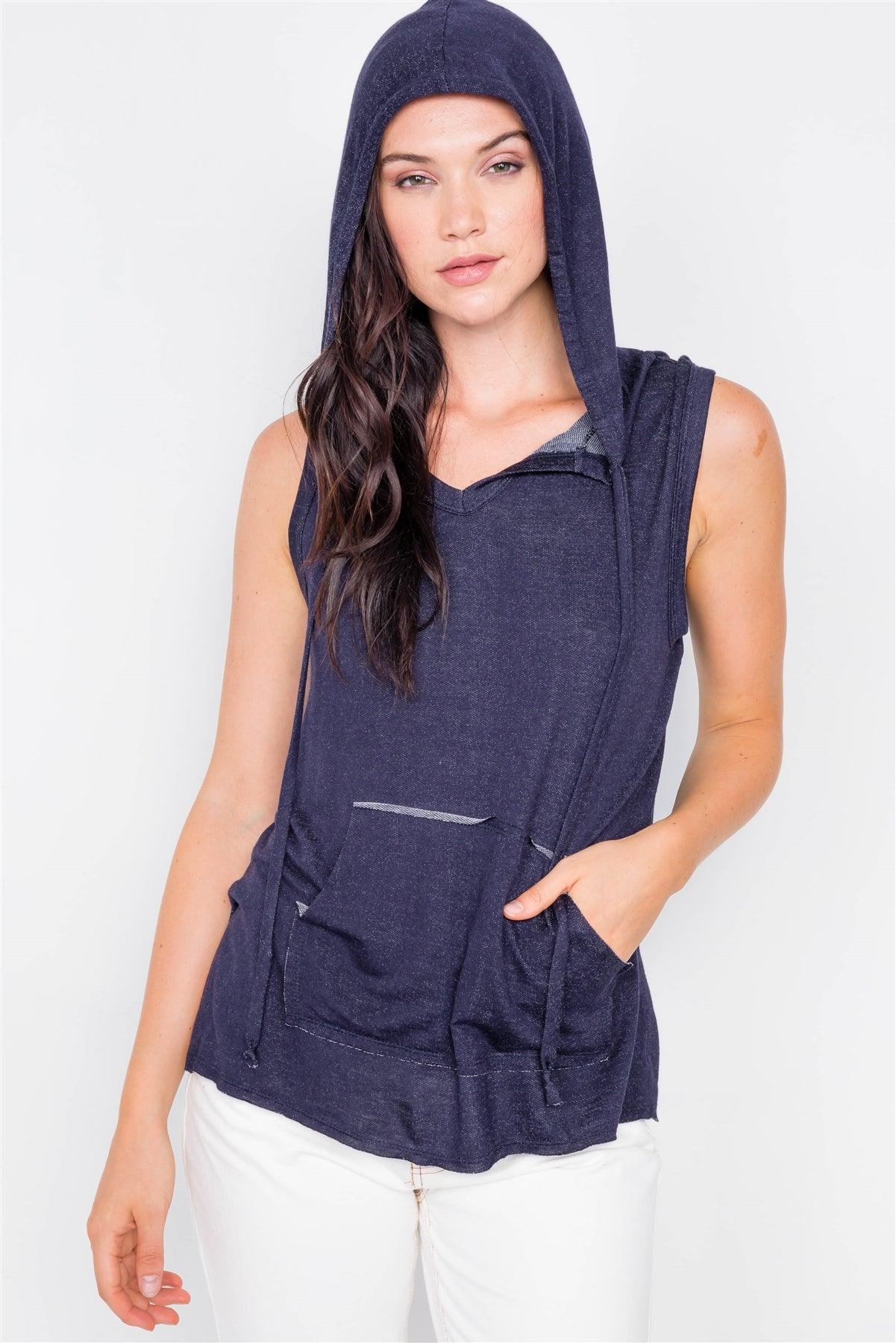 Denim Sleeveless Hooded Front Pocket Muscle Top /2-2-2