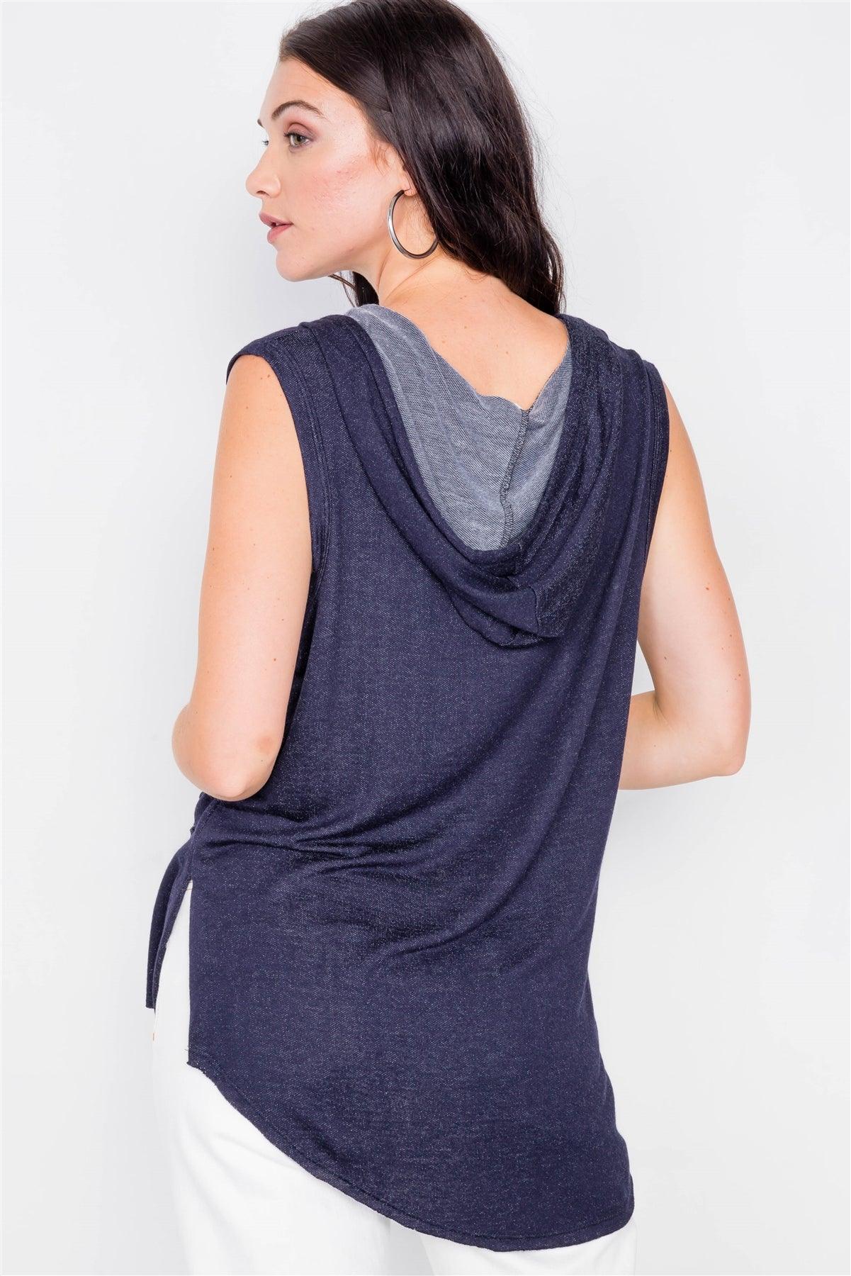 Denim Sleeveless Hooded Front Pocket Muscle Top /2-2-2