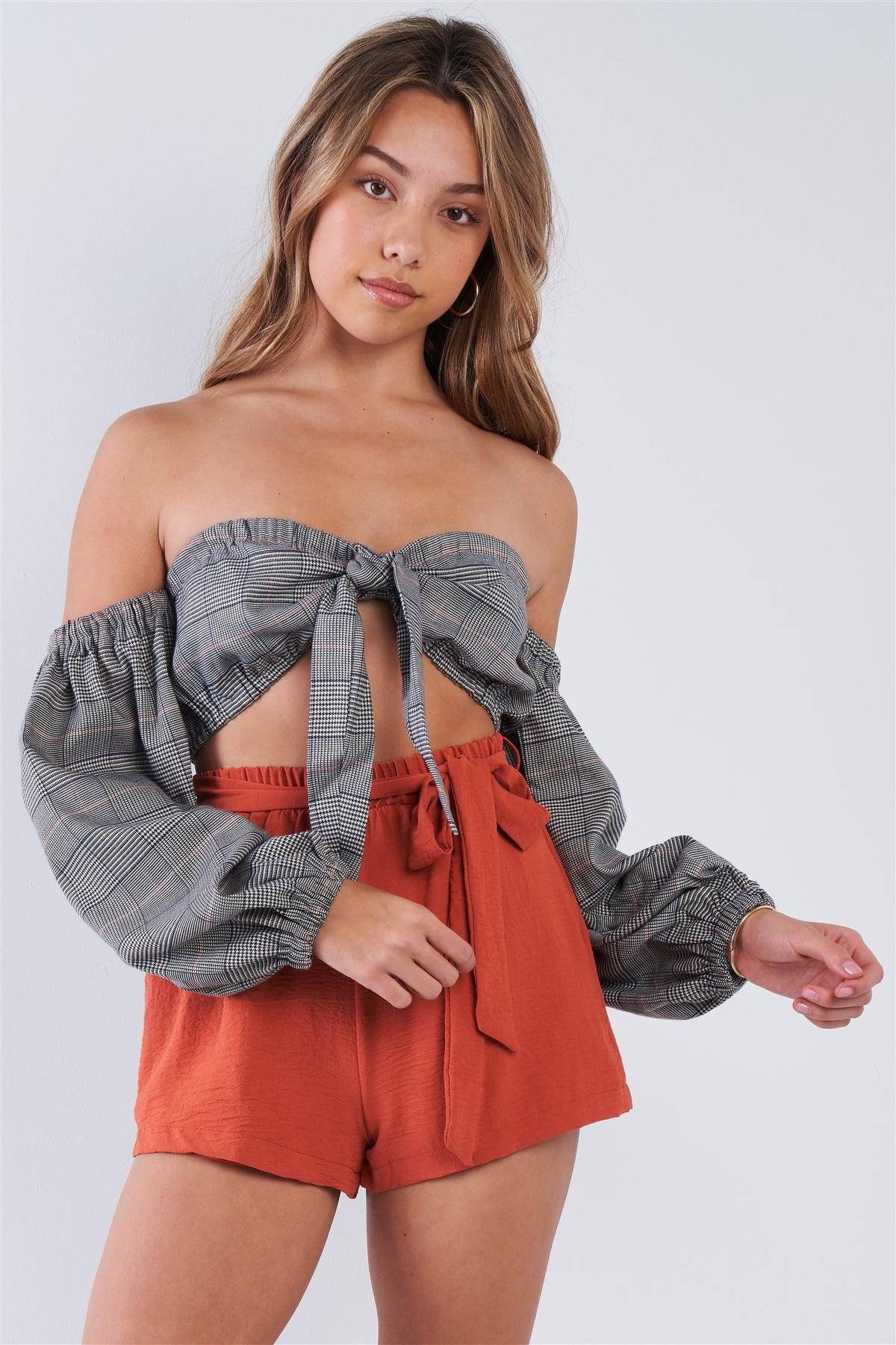 Grey Plaid Center Bow Off-The-Shoulder Crop Top /3-2-1