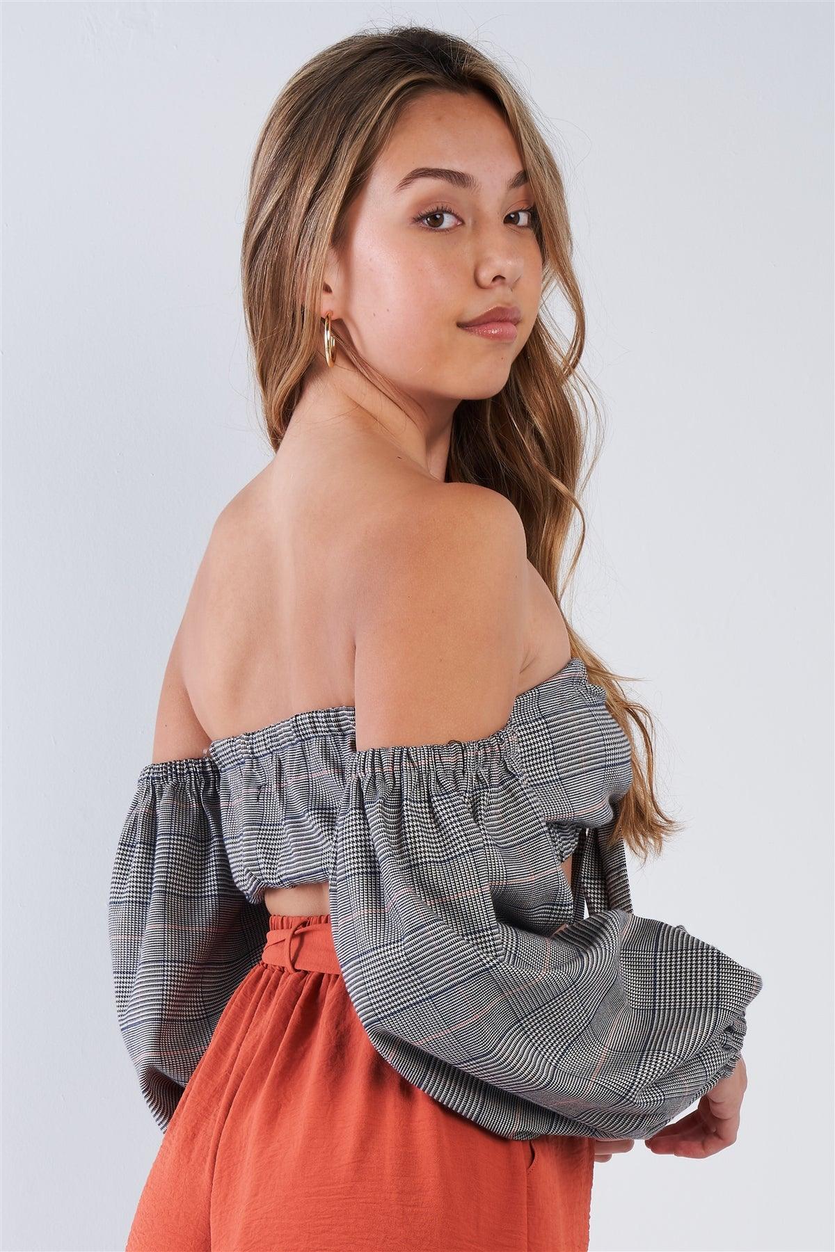 Grey Plaid Center Bow Off-The-Shoulder Crop Top /3-2-1