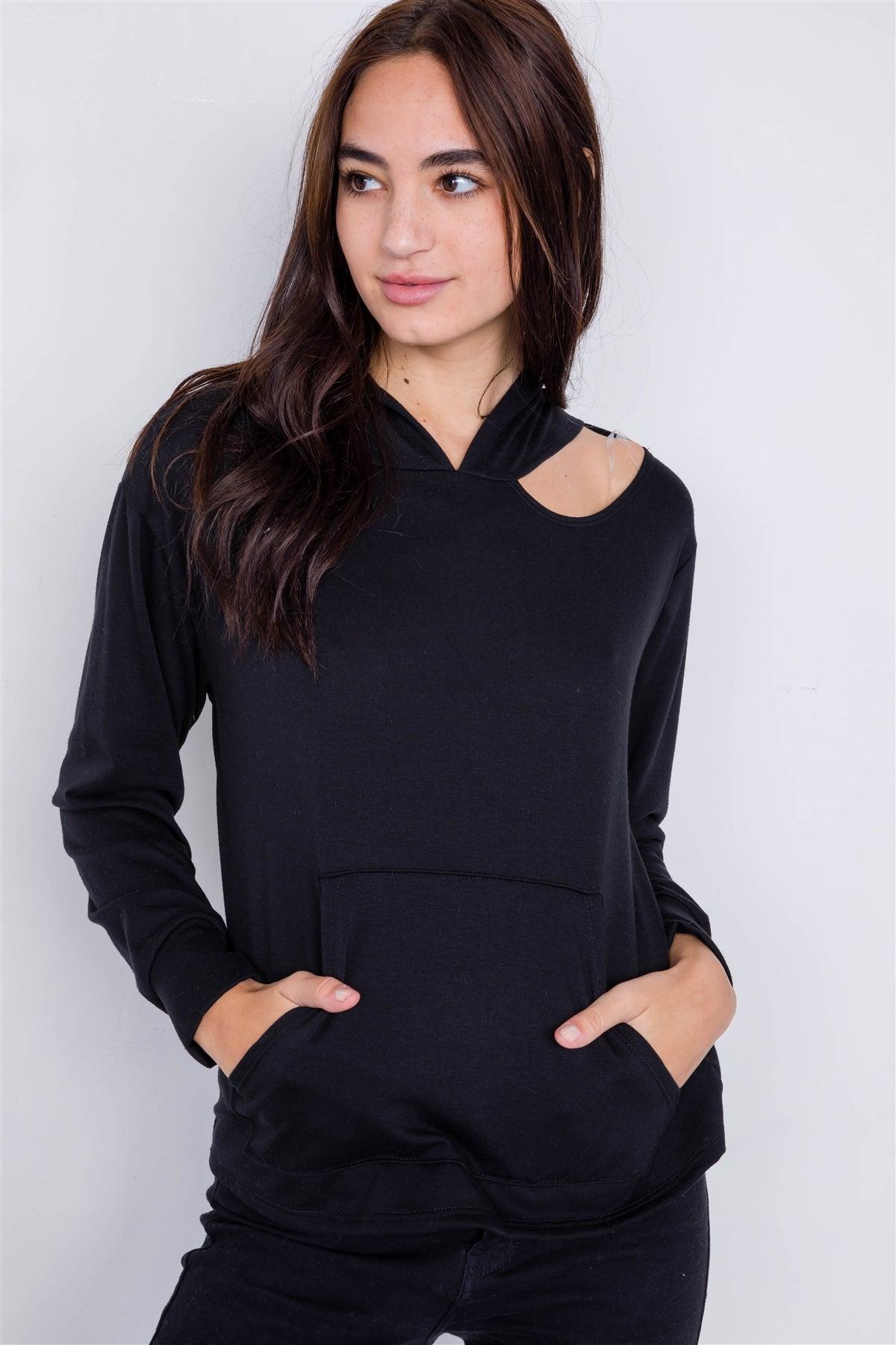 Black Shoulder Cut Out Pull Over Hoodie Relaxed Fit Sweater /2-2-2