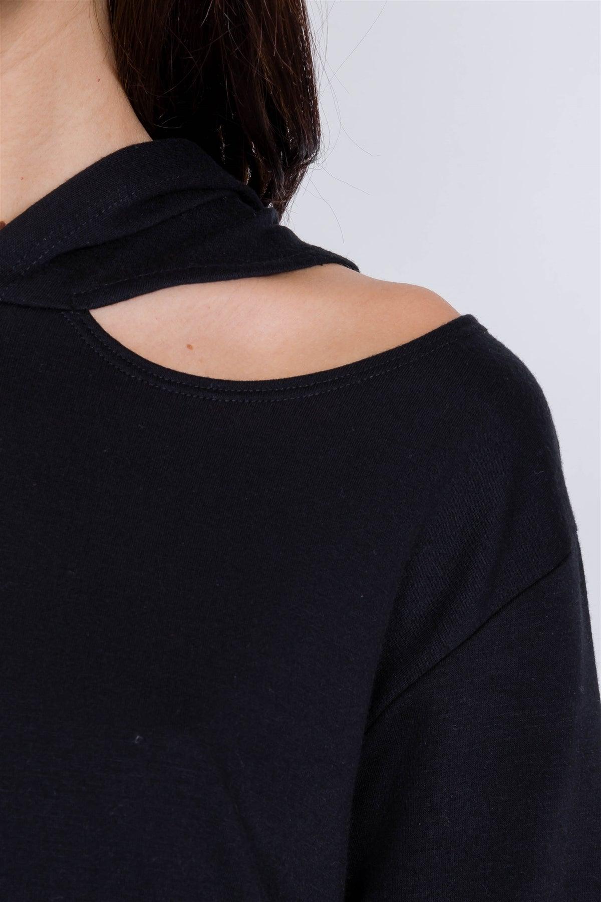 Black Shoulder Cut Out Pull Over Hoodie Relaxed Fit Sweater /2-2-2